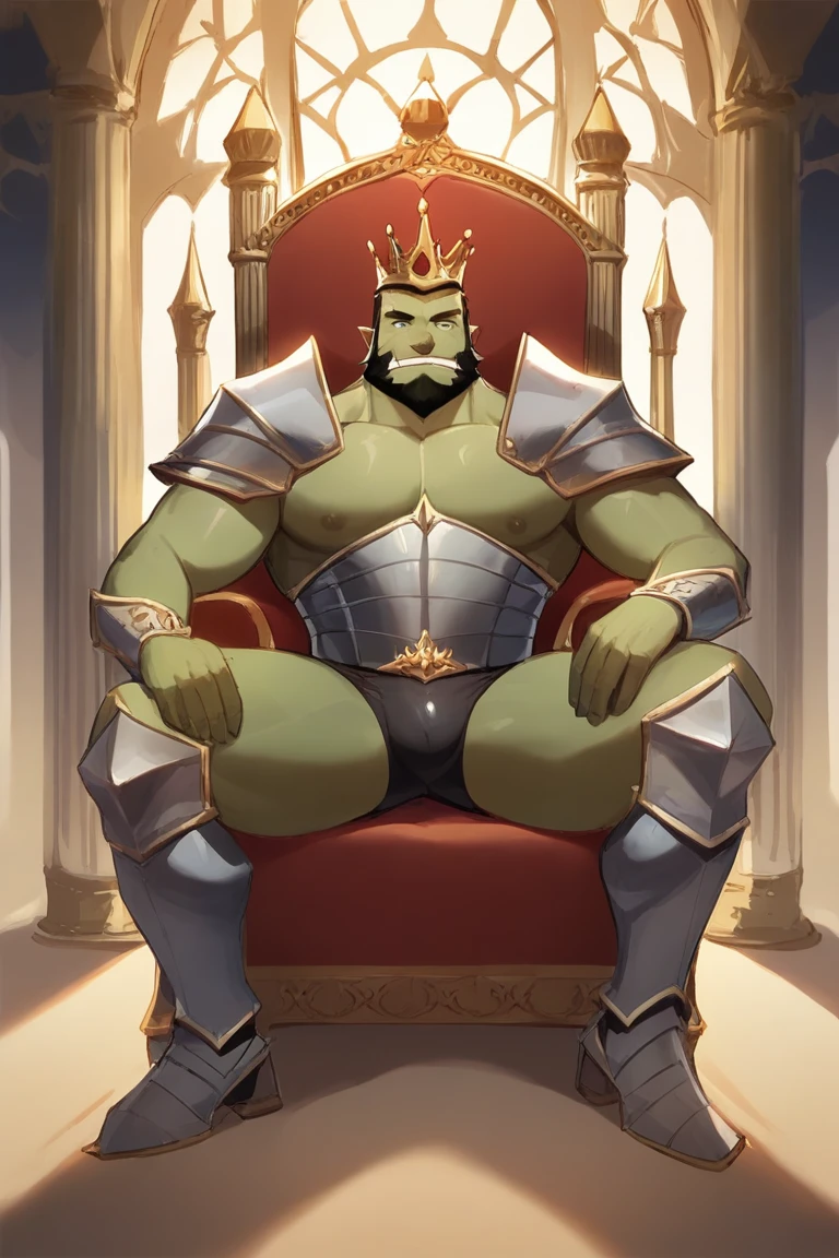 core_9, score_8_up, score_7_up, solo, male focus, male, ฺBulk orc, green skin, tusks, beard, palace , night, king crown , micro armor , shoulder armor , (( black micro tight shorts )) , full body , armor boots , laying spread legs , legs up , massive ass , Throne , ashamed face
