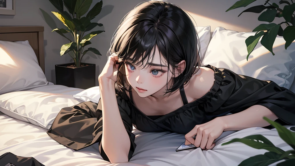 (perfect anatomy:1.2)(absurdres, highres, ultra detailed),masterpiece,best quality,high resolution,8k,Realistic face,Realistic skin texture,magnified textures, stunning clarity,detailed anime girl,(ultra detailed eyes and face),(1 girl:1.5)21years old,she is office worker,,black hair, bob cut, No-makeup look,,Black camisole,Lying on her bed on her back,look down smartphone,sleepy eyes,small nose,roundface,Women's Apartments in suburb,faint light,(midnight),,(sleepy),cowboy shot,Foliage plant