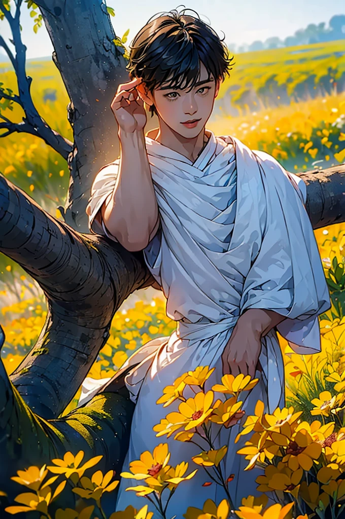 (in 8K、top-quality、masterpiece:1.2)、1 boy、short-haired、Hair short、Brown-skinned、Yellow view、