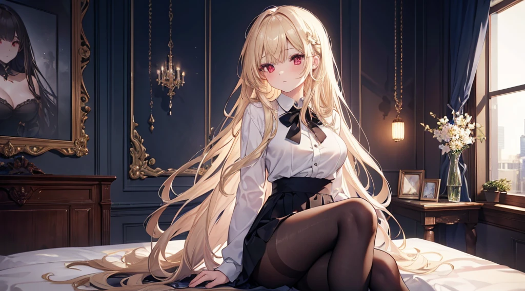 Highest quality, masterpiece, figure, wallpaper,One girl,White shirt, Light Hair, Beautiful detailed girl, Highly detailed eyes and face, Beautiful attention to detail, Shine,Browsing Caution, View your viewers, bed, night, Black Pantyhose, Straight hair, Red Eyes, long hair,Blonde, thick_Thighs, Large Breasts, Red eyes,Sitting,beautiful finger, clear background, deep night, Hands Behind Back