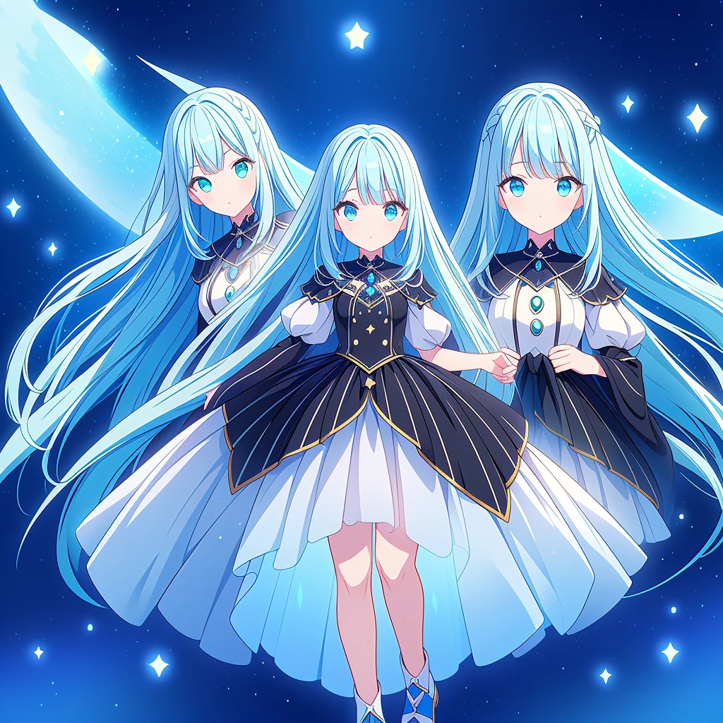 1girl、Star Fairy、Star incarnation、Character design front view、A picture facing the viewer、(((Super detailed、Highest quality、Masterpiece)))、Original cute hairstyle、Milky white and blue hair color、Simple Green Background、vtuber-fullbody,Black goth 、Gothic、