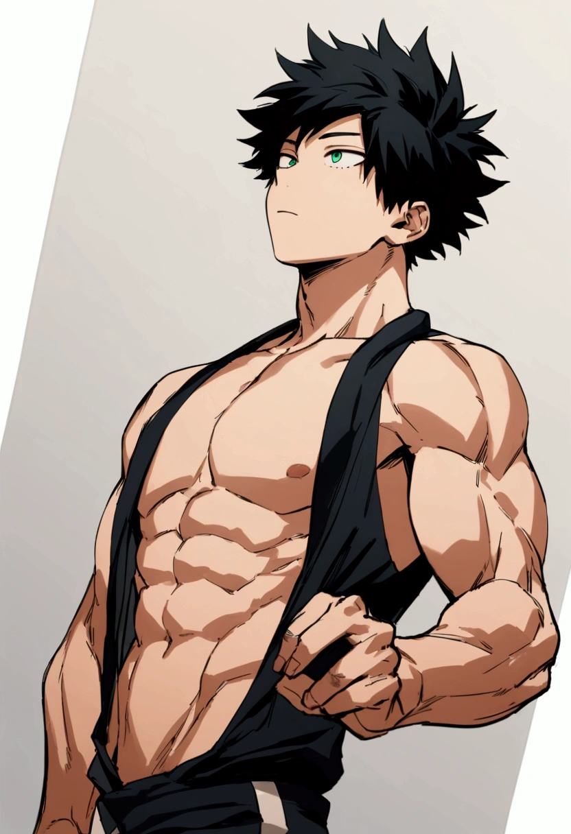 He is a , He has slightly disheveled very black hair..., somewhat light green eyes, (front angle ) , (backwards) muscular body , He is dressed in the anime uniform. "my hero academia", without the shirt, just with pants, sculpted back