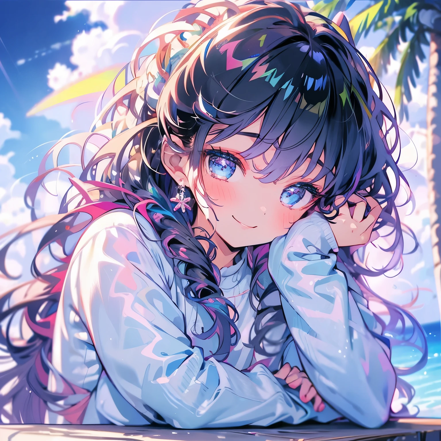 Masterpiece、Rainbow Hair、Delicate eyes、smile、Tied up hair、Beautiful hair ornament、Upper Body、(((Cheek resting on hand)))、night、Ocean、Palm tree