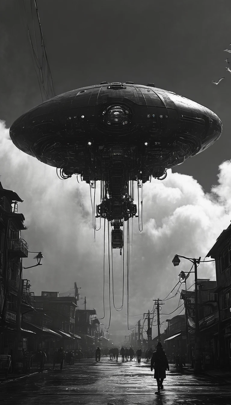 ((ballena voladora de Metal robot volando por los cielos rodeado de nubes:1.5))，(session:1.2)，oxide，Metal, COPPER, Aluminum, The horizon in the distance，MYSTERY, idyllic, Gothic，Gothic教堂，blood red moon，Gothic元素，forest fires，Cold，gloomy, hyper detailed, highly detailed textures, lights, cables, cyberpunk terminals, HD,8k