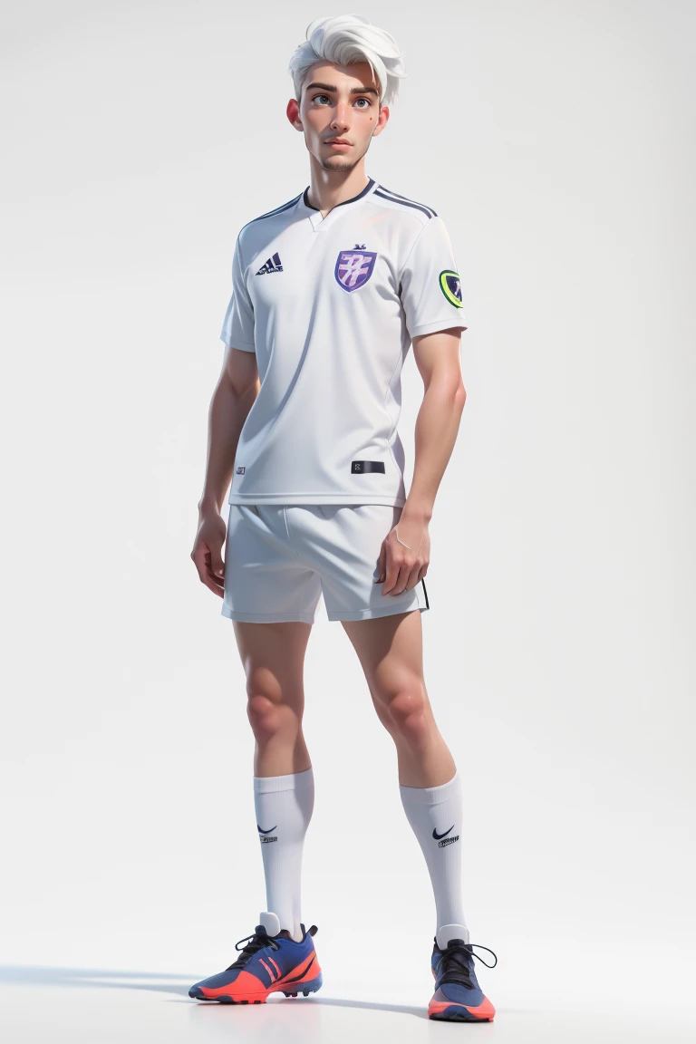 RAW photo,8k uhd,masterpiece, (photorealistic:1.4), best quality, beautiful lighting, 3D Art, C4D, OC render, Federico Chiesa, (full body:1.5),a man, professional soccer player, sports shorts, soccer socks, soccer shoes, soccer ball, man model standing pose, lively, handsome, (white background:1.5)