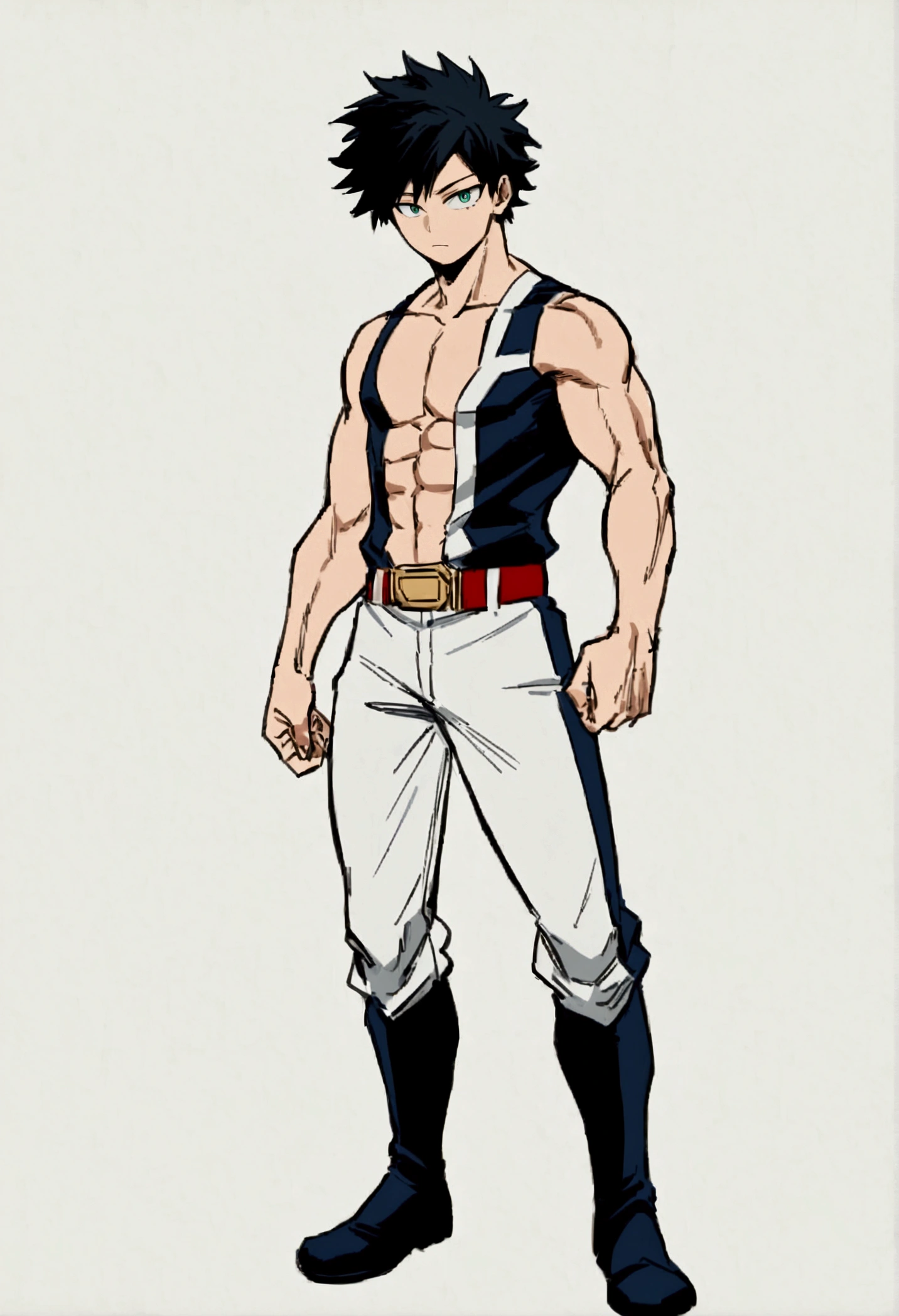 He is a , He has slightly disheveled very black hair..., somewhat light green eyes, (front angle ) , (full body), muscular body , He is dressed in the anime uniform. "my hero academia", without the shirt, just with pants