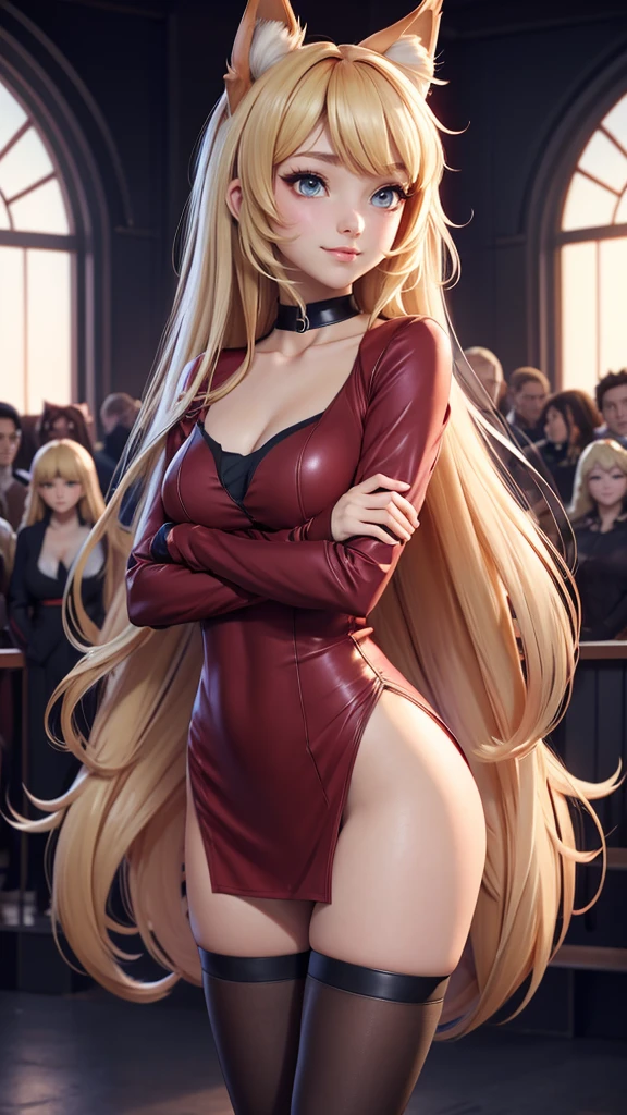 a woman in a revealing long red shirt, low cut v-neck shirt, clevage, medium breasts, thigh high boots, black stockings, standing in front of a crowd, asymetrical outfit, no pants, lots of skin, beautiful anime catgirl, anime girl with long hair, anime girl, an anime girl, (anime girl), cute anime catgirl, anime catgirl, beautiful anime girl, holo if a wolf girl, holo is a wolf girl, cute anime girl, blonde anime girl with long hair