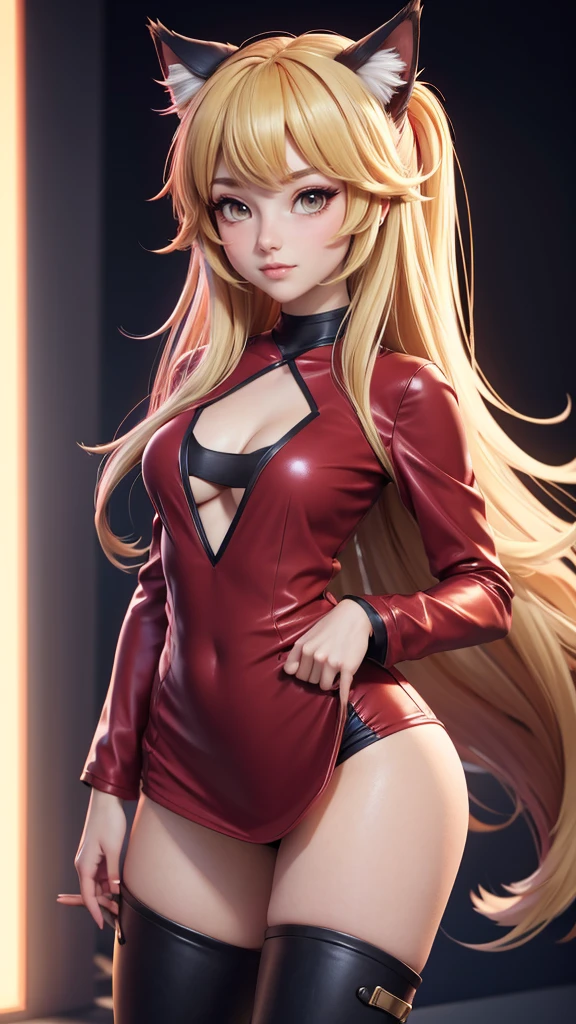 a woman in a revealing long red shirt, low cut v-neck shirt, clevage, medium breasts, thigh high boots, black stockings, standing in front of a crowd, asymetrical outfit, no pants, lots of skin, beautiful anime catgirl, anime girl with long hair, anime girl, an anime girl, (anime girl), cute anime catgirl, anime catgirl, beautiful anime girl, holo if a wolf girl, holo is a wolf girl, cute anime girl, blonde anime girl with long hair