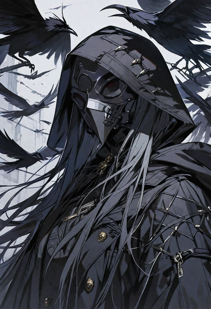 solo, handsome, 1 woman, long hair, black color hair, Gray eyes, black coat, black gloves, black plague Crow mask, Black hood