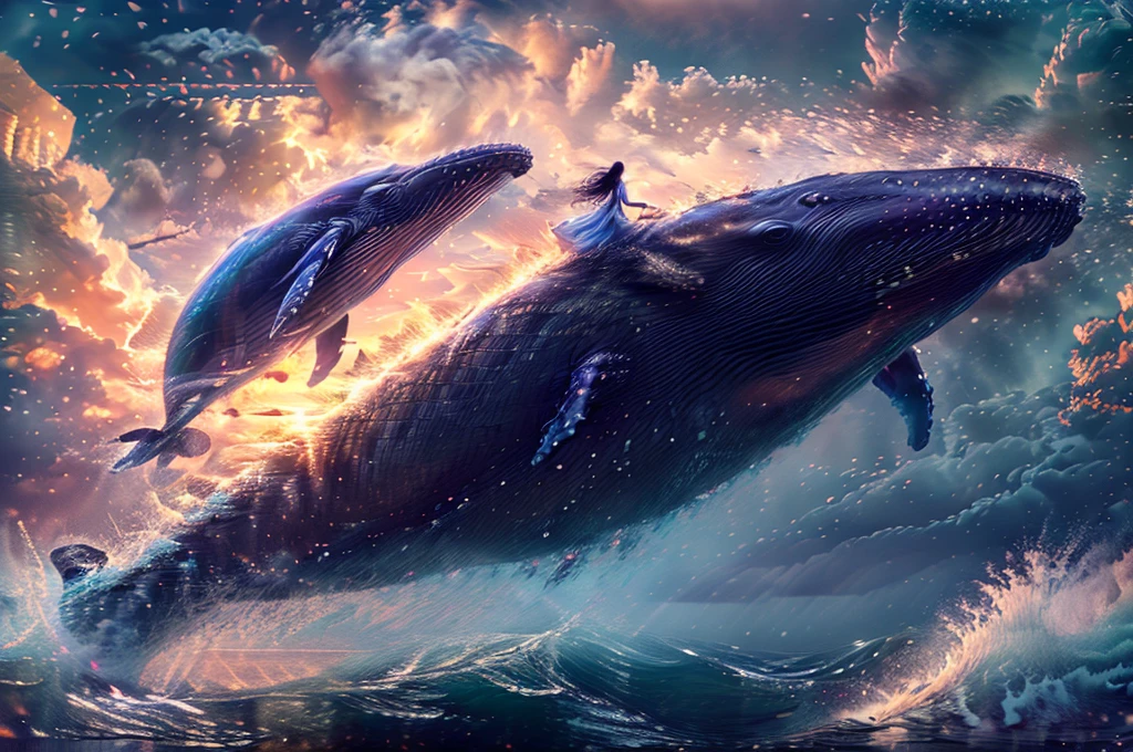 One girl、Giant flying whale、超Real、Super detailed、Cinematic lighting、Dramatic Sky、Sparkling sunset、Cloud Waves、Photorealistic、8k、Super detailed、Very detailed、masterpiece、(Highest quality、4K、8k、High resolution、masterpiece:1.2)、Super detailed、(Real、Photorealistic、Photorealistic:1.37)、HDR、uhd、Studio Lighting、Ultra-fine painting、Sharp focus、Physically Based Rendering、Very detailedな説明、professional、Bright colors、Bokeh、photograph、xuer Big whale