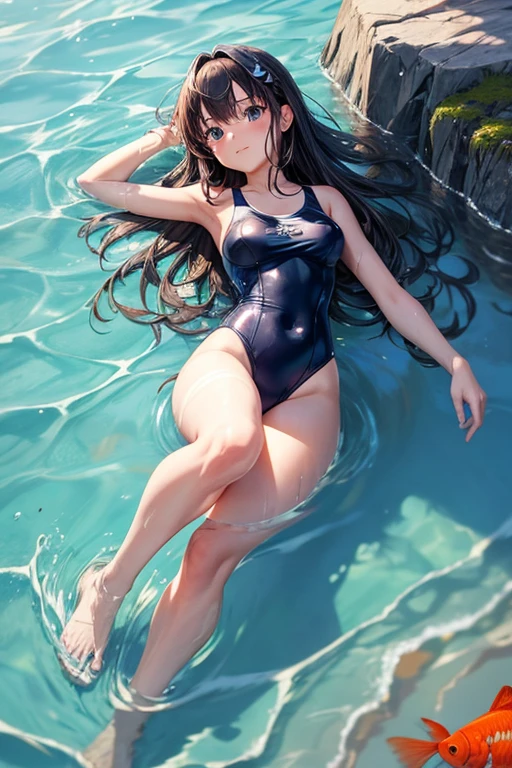 An anime girl in a swimsuit on a beach submerged in the water, observing a beautiful goldfish