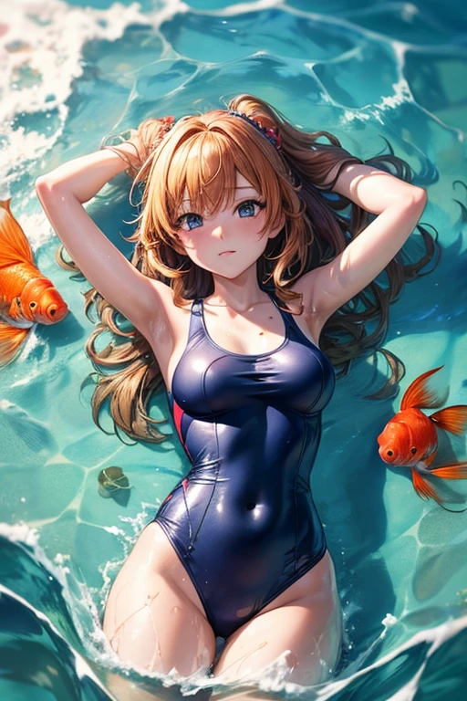 An anime girl in a swimsuit on a beach submerged in the water, observing a beautiful goldfish