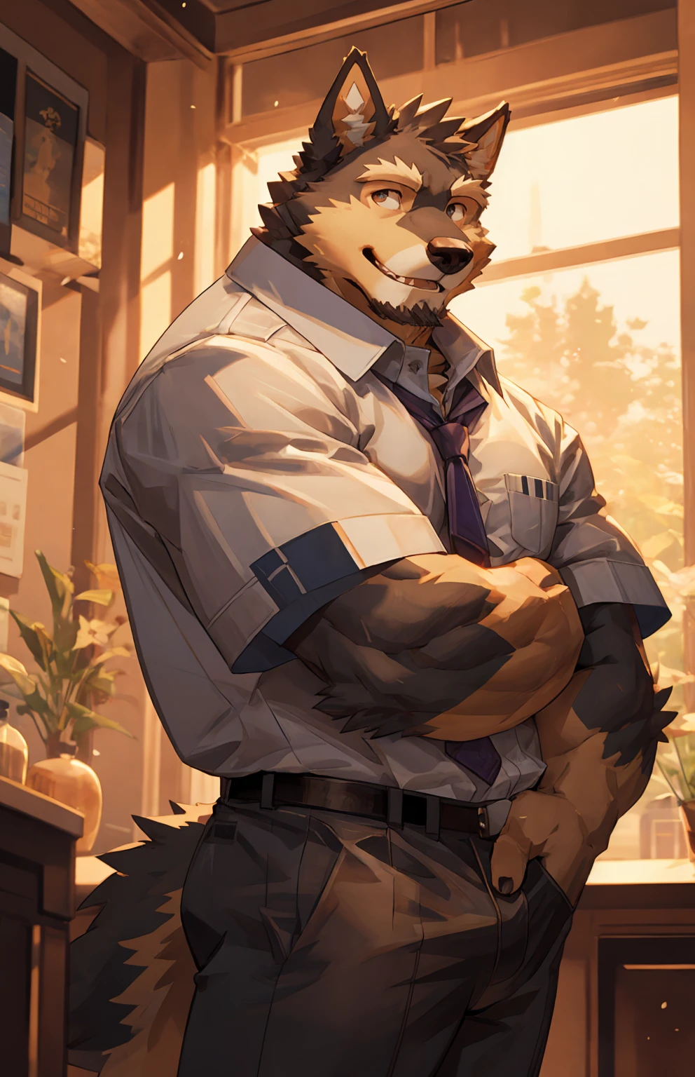 solo, pubraseer, furry german sheperd dog, muscular body, handsome, Smiling, mouth open, holding glassess, cool pose, casual shirt, casual pants.