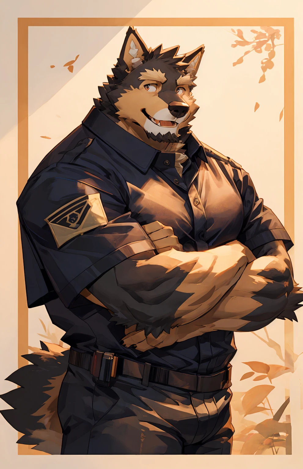 solo, pubraseer, furry german sheperd dog, muscular body, handsome, Smiling, mouth open, holding glassess, cool pose, casual shirt, casual pants.