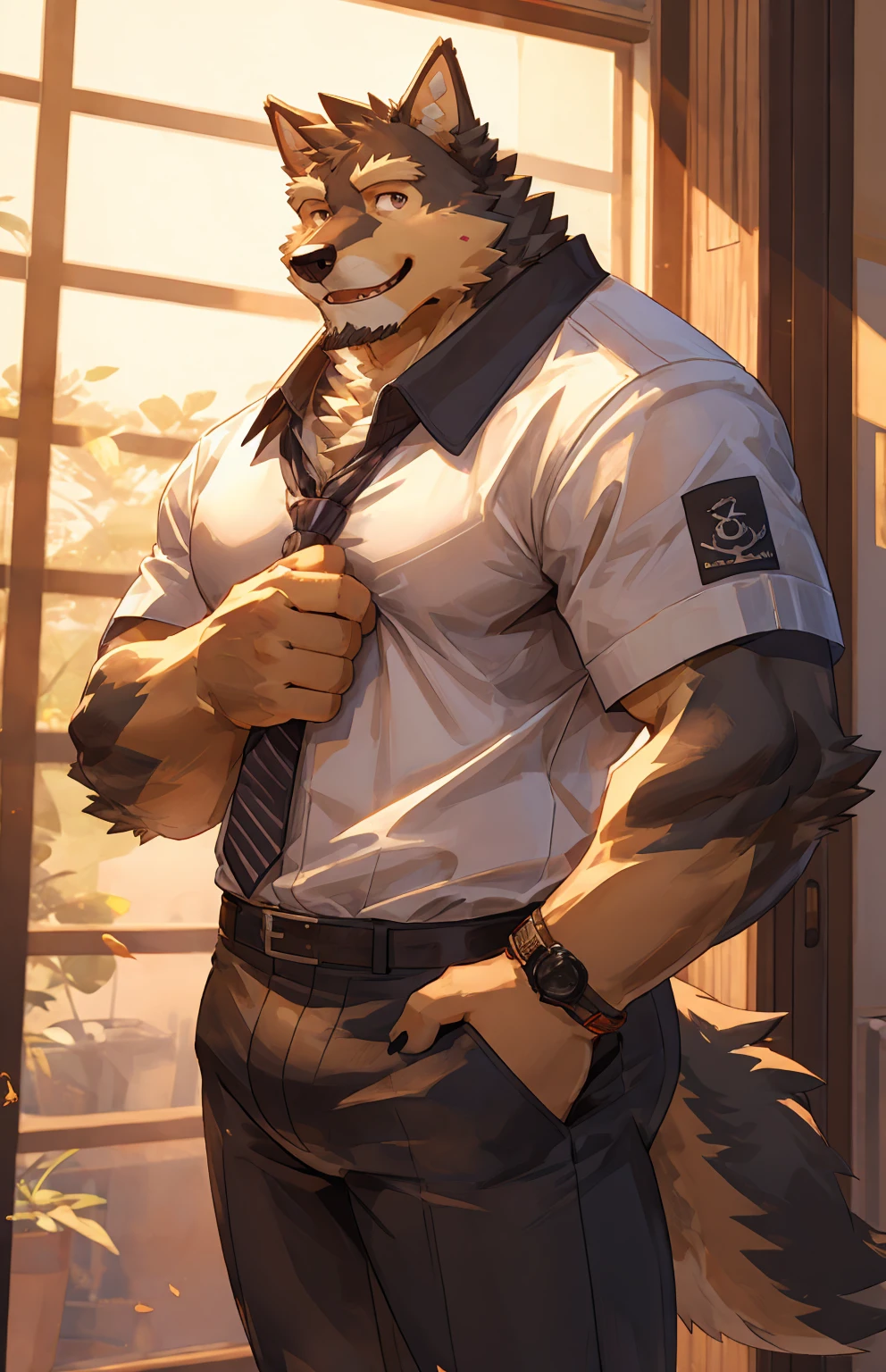 solo, pubraseer, furry german sheperd dog, muscular body, handsome, Smiling, mouth open, holding glassess, cool pose, casual shirt, casual pants.