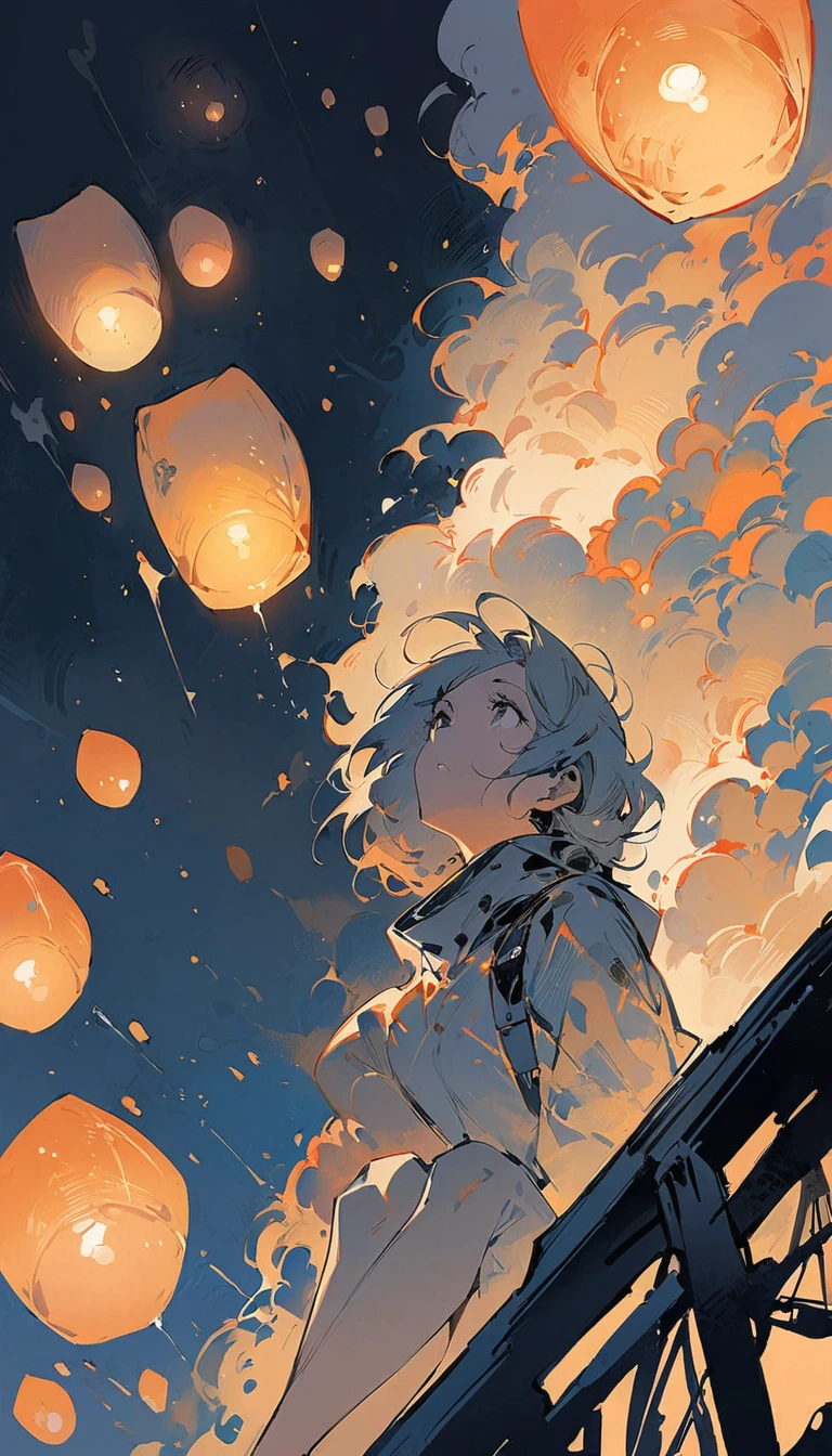 (Ashley Wood (Ashley Wood) style of:1.1), 
Girl on the cliff 1,Spread your knees apart，Bring your feet together,?,large areas of white space,sit,At the bottom of the screen,(look up:1.5),from the side,Look up,comics,，Wishing paper lanterns in the sky