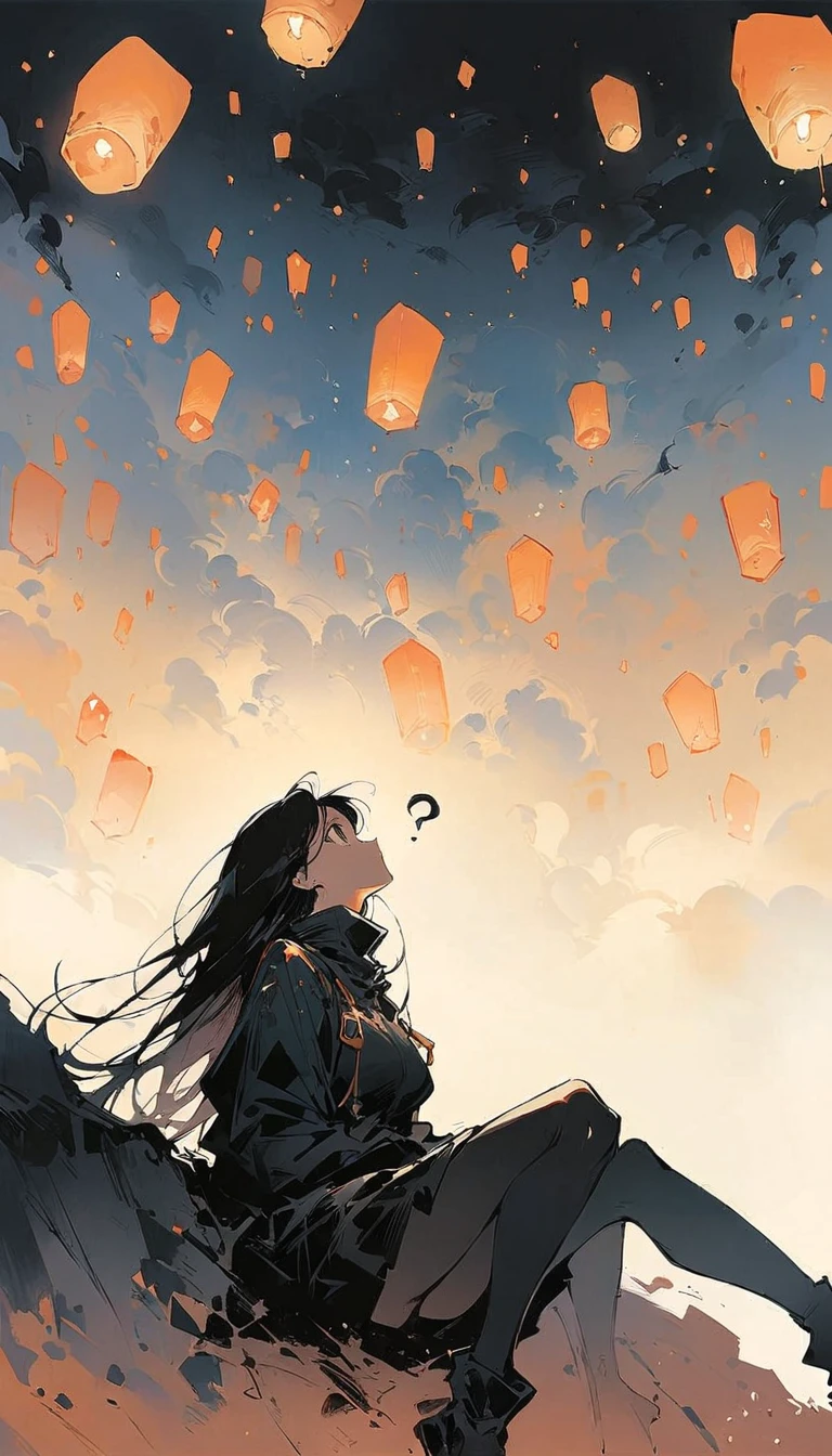 (Ashley Wood (Ashley Wood) style of:1.1), 
Girl on the cliff 1,Spread your knees apart，Bring your feet together,?,large areas of white space,sit,At the bottom of the screen,(look up:1.5),from the side,Look up,comics,，Wishing paper lanterns in the sky