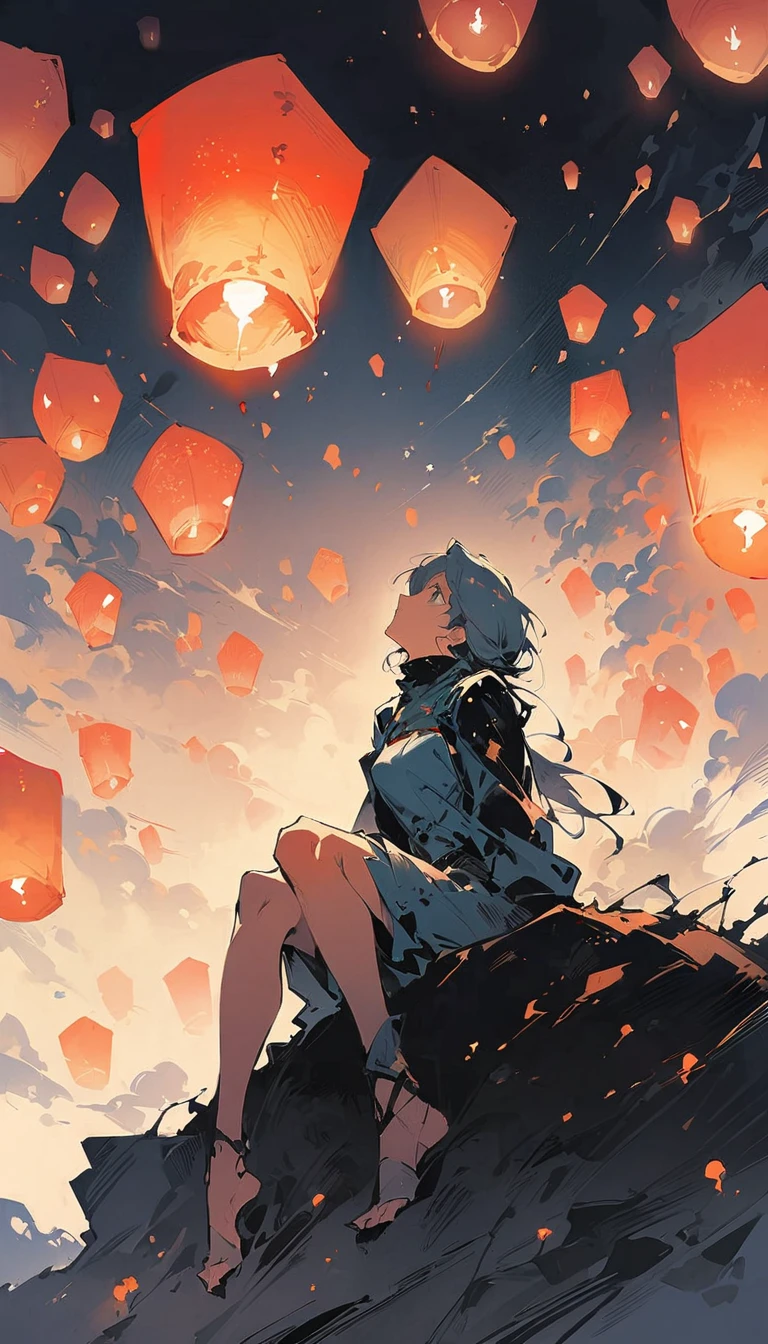 (Ashley Wood (Ashley Wood) style of:1.1),
Girl on the cliff 1,Spread your knees apart,Bring your feet together,?,large areas of white space,sit,At the bottom of the screen,(look up:1.5),from the side,Look up,comics,,Wishing paper lanterns in the sky