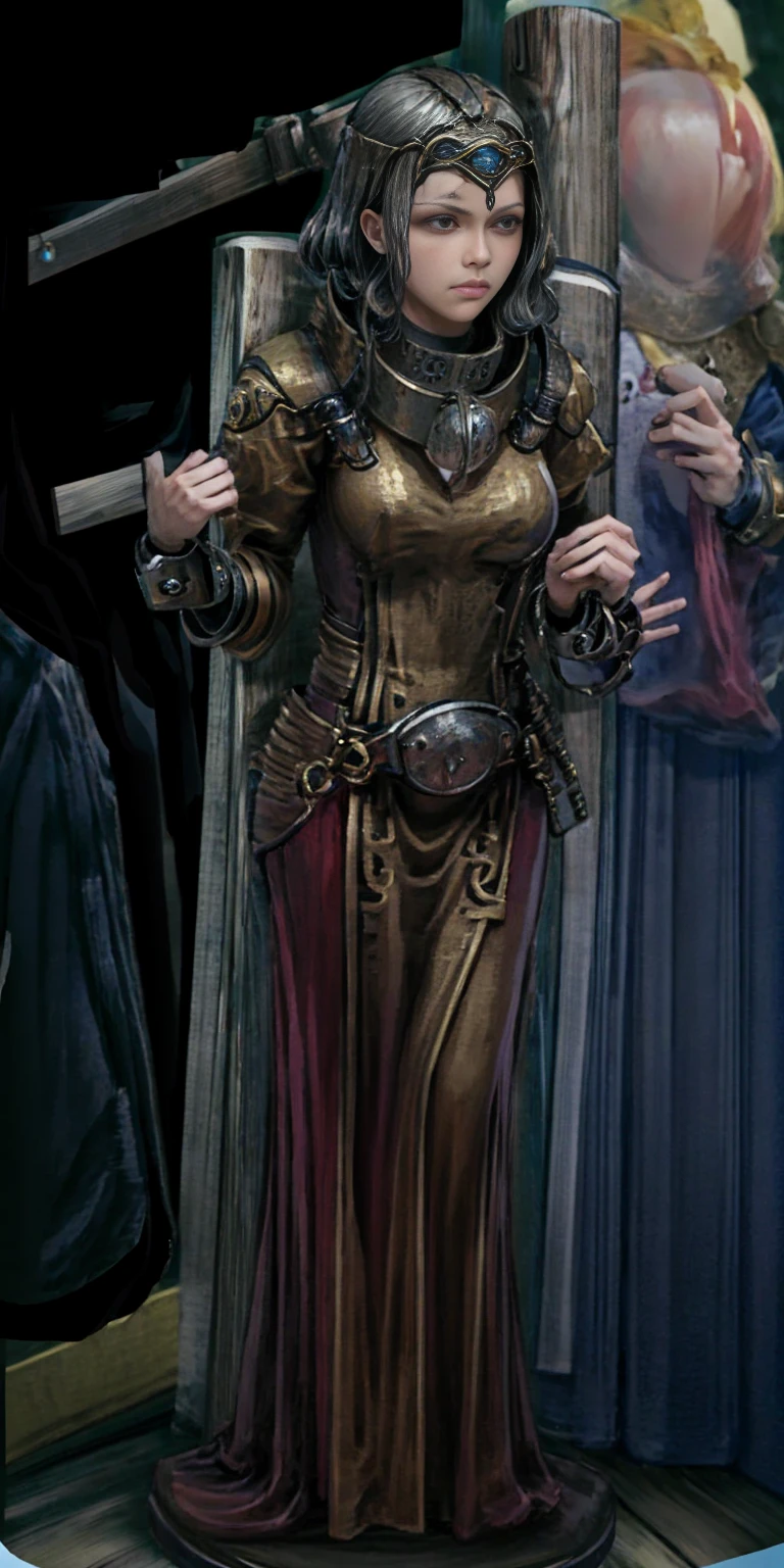 (Masterpiece, best quality, intricate details, 1sologirl) iron collar, arms behind back, iron cuffs, shackles, bound ((standing by wooden pole:1.2)) looking from above happy closed mouth ((Cassia Orsellio))