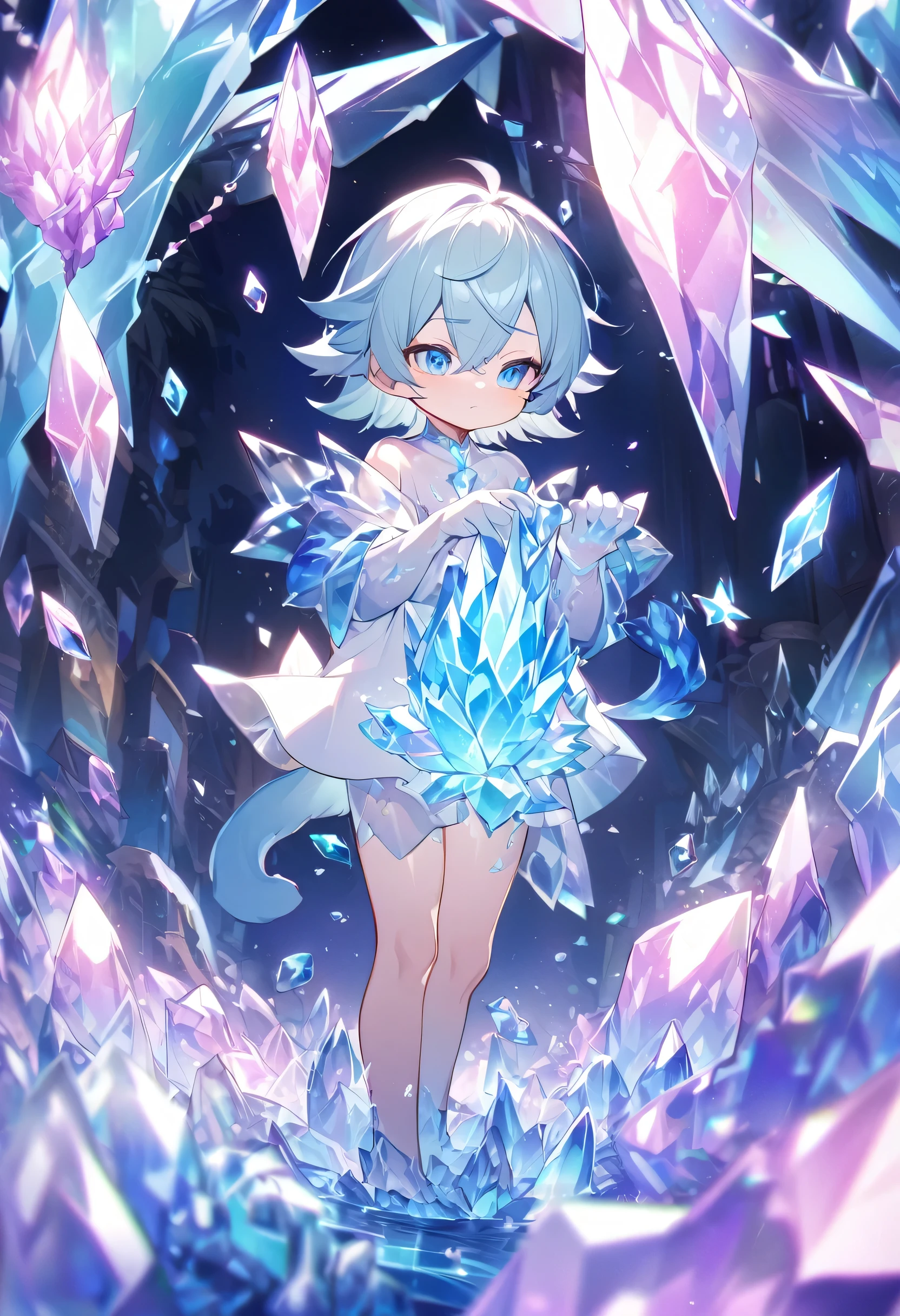 Little male cat，boy，There is a tail，cute，Thin，struggle，Everlasting，Crystallization，Blue slime，Feet turned into crystal，Hands turn into crystal，Crystal Spread Feet，Crystal feet，Crystal hands，illumination，freeze，Feet are frozen，charming，boys ，BlueCrystal feet，Wear Tight Fit Clothes，plastic，Full body portrait，smooth，Full body tight fit，Thin，Light blue gel coat，Full body gel coat，outdoor，NUDE，Small pants，Tight Fit，No clothes，Crystal calf，crystal thighs，Crystal Torso，Crystal hands臂，Standing，Blue anime eyes