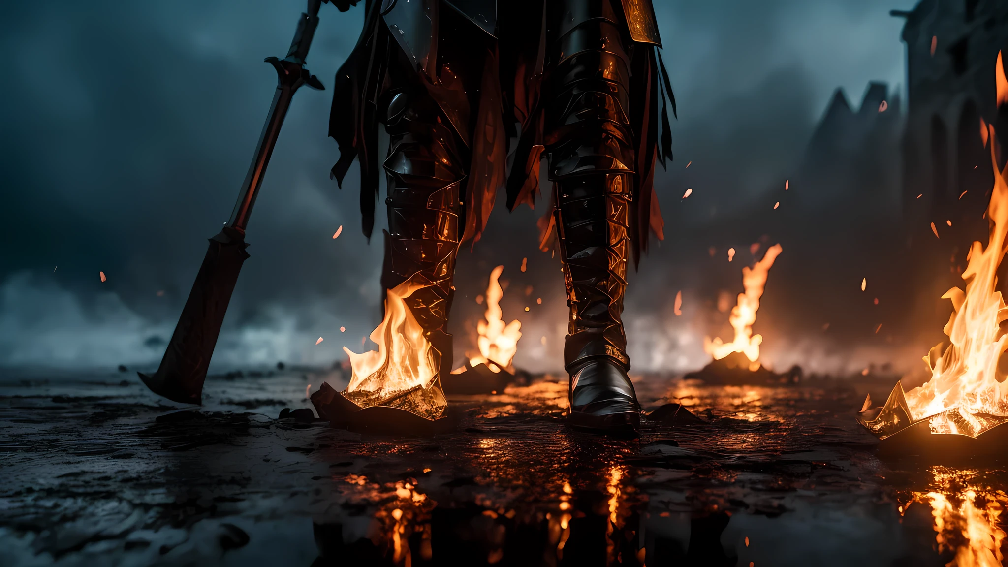 a close-up shot of a puddle of water reflecting a medieval war with fire, rpg style, 4k cinematic flame trailer film, highly detailed, dramatic lighting, realistic medieval weapons and armor, intense battle scene, fiery explosions, glowing embers, moody color palette, volumetric fog, dynamic camera angles, cinematic composition