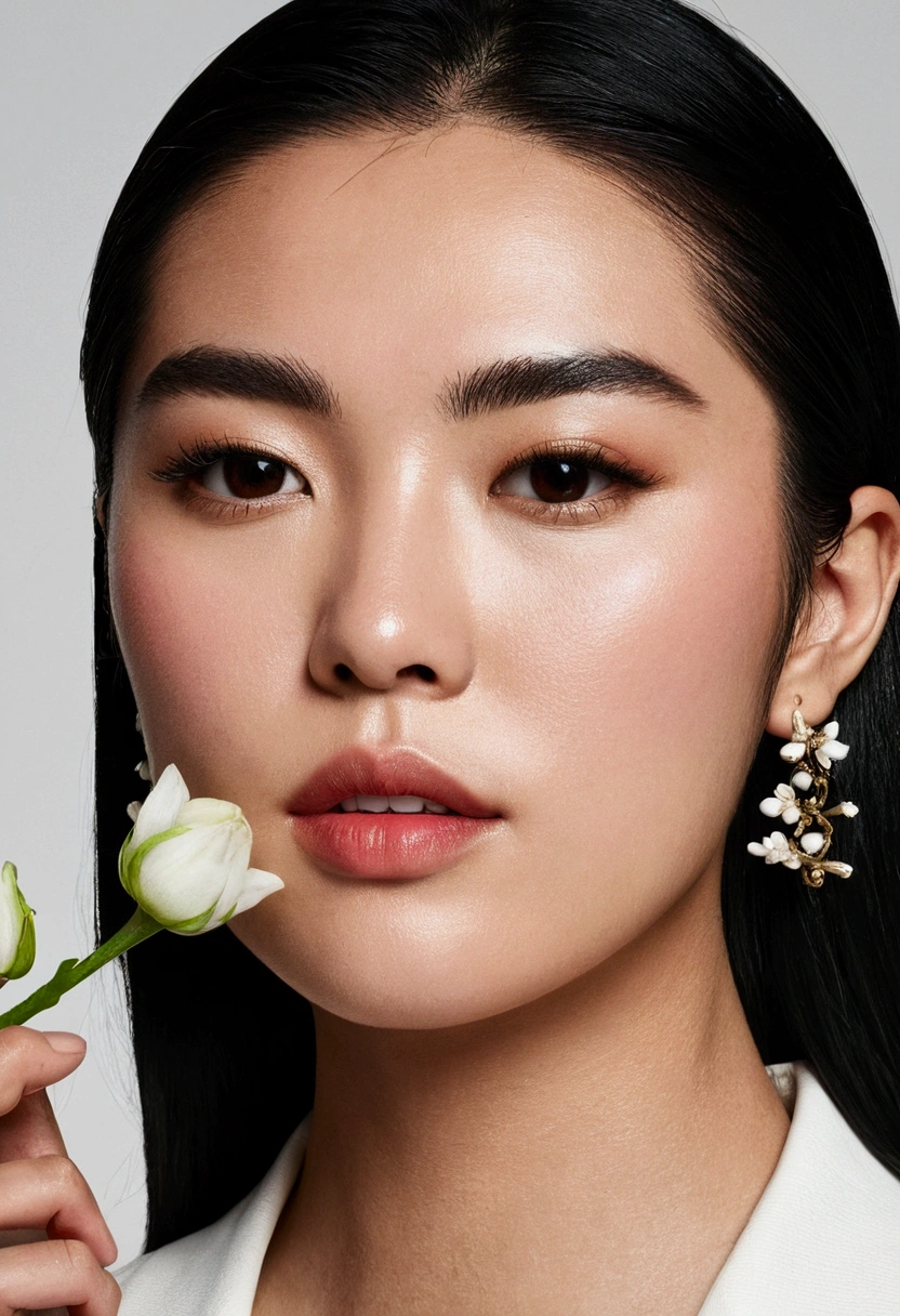 One Chinese holds a flowers in one hand,Place it next to your face,Take a photo of the razor brand,ad campaign,H3H3,Taoist,shot of,beauty retouch,Cool and bright tones,Dua Lipa,Official Product Pictures,inspired by Luo Ping,Clean face and body skin
