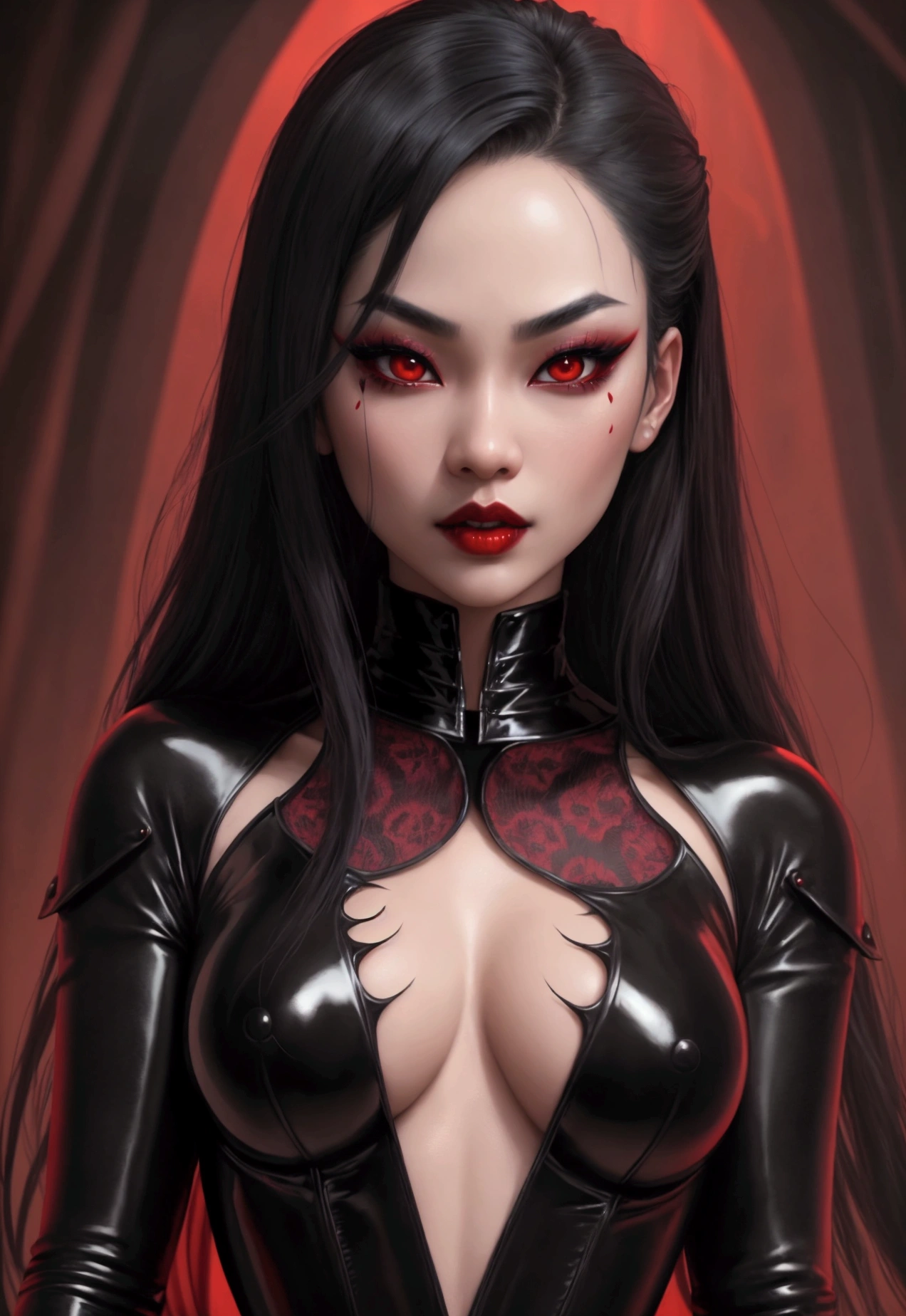 1 asian vampire woman, beautiful detailed eyes, beautiful detailed lips, extremely detailed face and skin, long eyelashes, black latex bodysuit, nude, hyper detailed, 8k, masterpiece, photorealistic, dark red and black color palette, dramatic chiaroscuro lighting, cinematic, gothic, dark fantasy