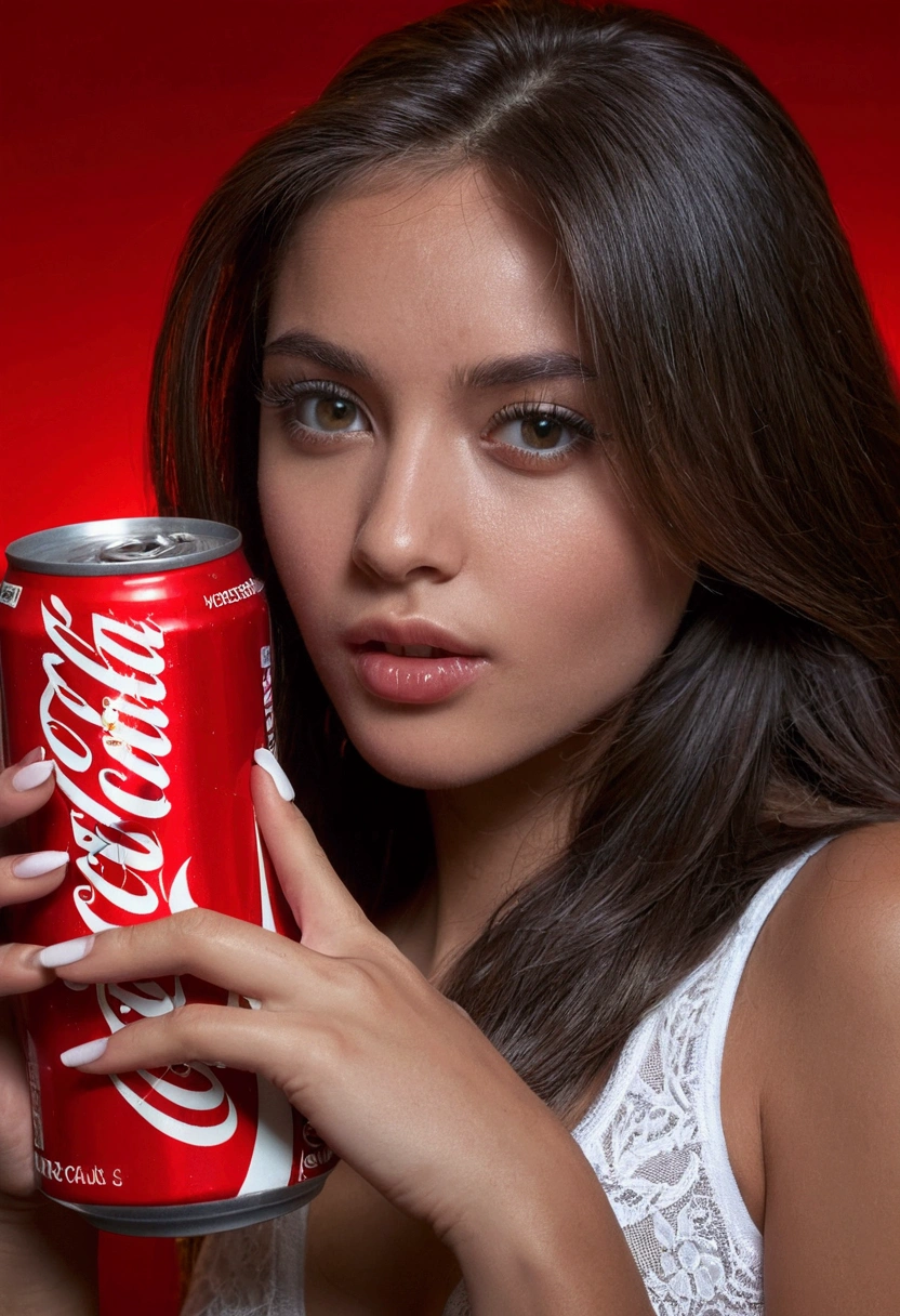 Sexy girl uses coke can with her hands