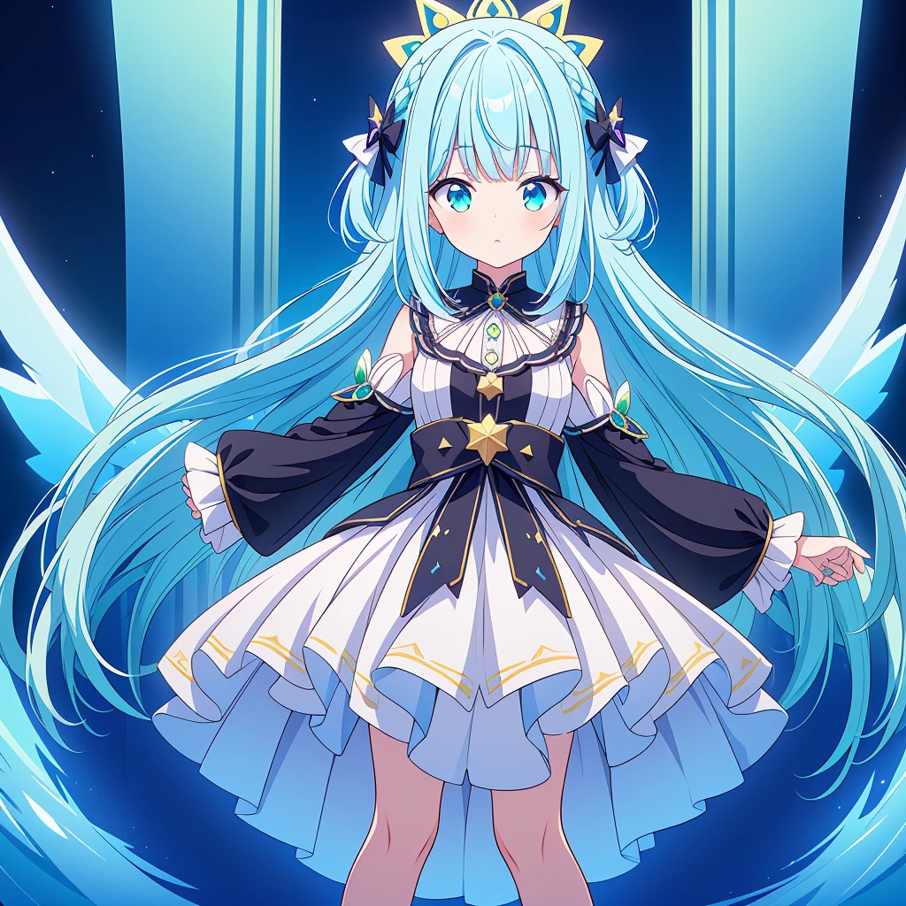 1girl、Star Fairy、Star incarnation、Character design front view、A picture facing the viewer、(((Super detailed、Highest quality、Masterpiece)))、Original cute hairstyle、Milky white and blue hair color、Simple Green Background、vtuber-fullbody,Black goth 、Gothic、