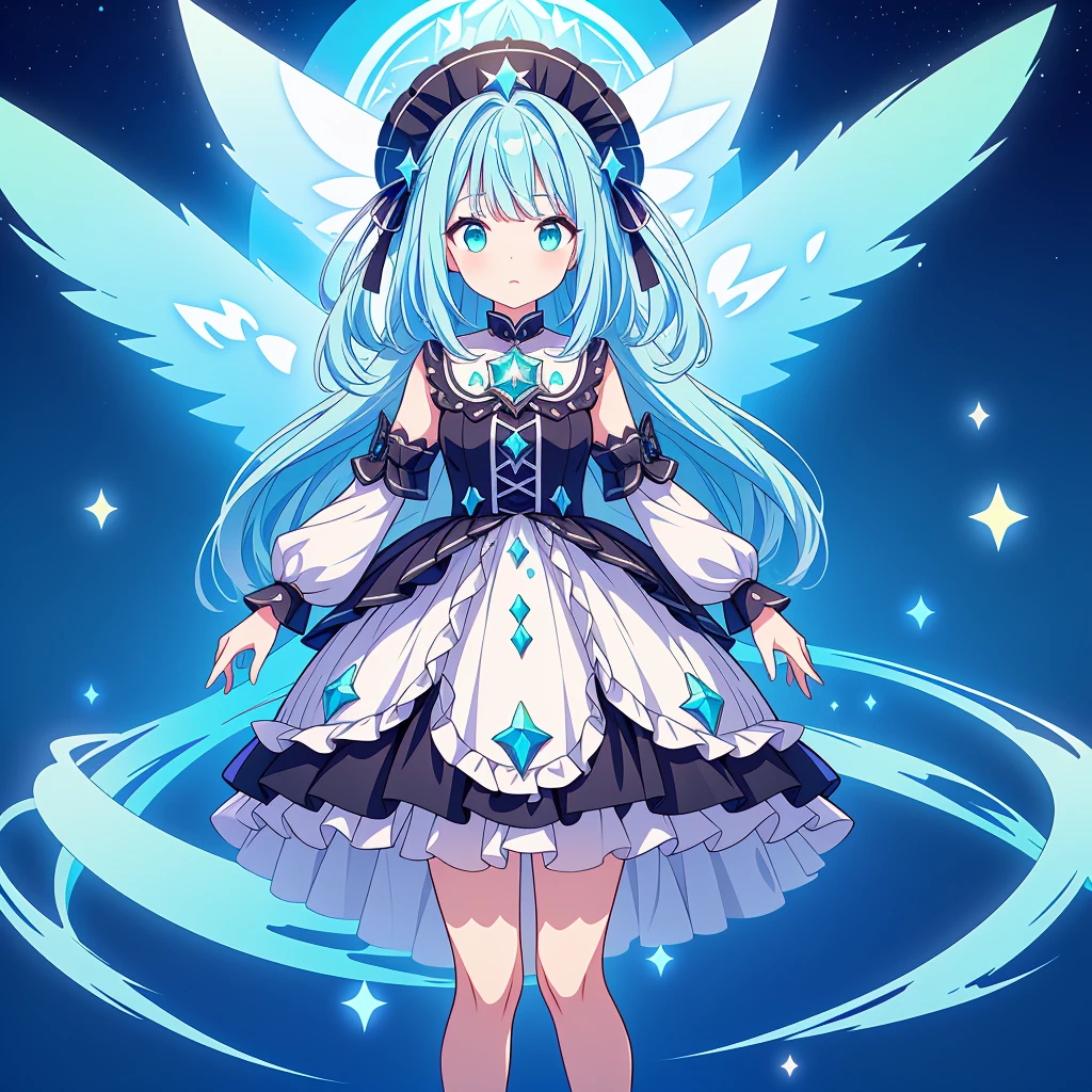 1girl、Star Fairy、Star incarnation、Character design front view、A picture facing the viewer、(((Super detailed、Highest quality、Masterpiece)))、Original cute hairstyle、Milky white and blue hair color、Simple Green Background、vtuber-fullbody,Black goth 、Gothic、