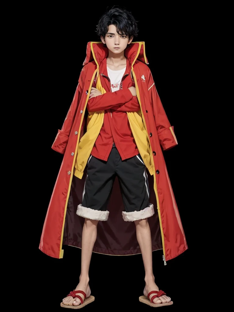 A boy, with disheveled black hair, wearing a red shirt, with black shorts, wearing a simple slipper on your feet, with a red jacket
