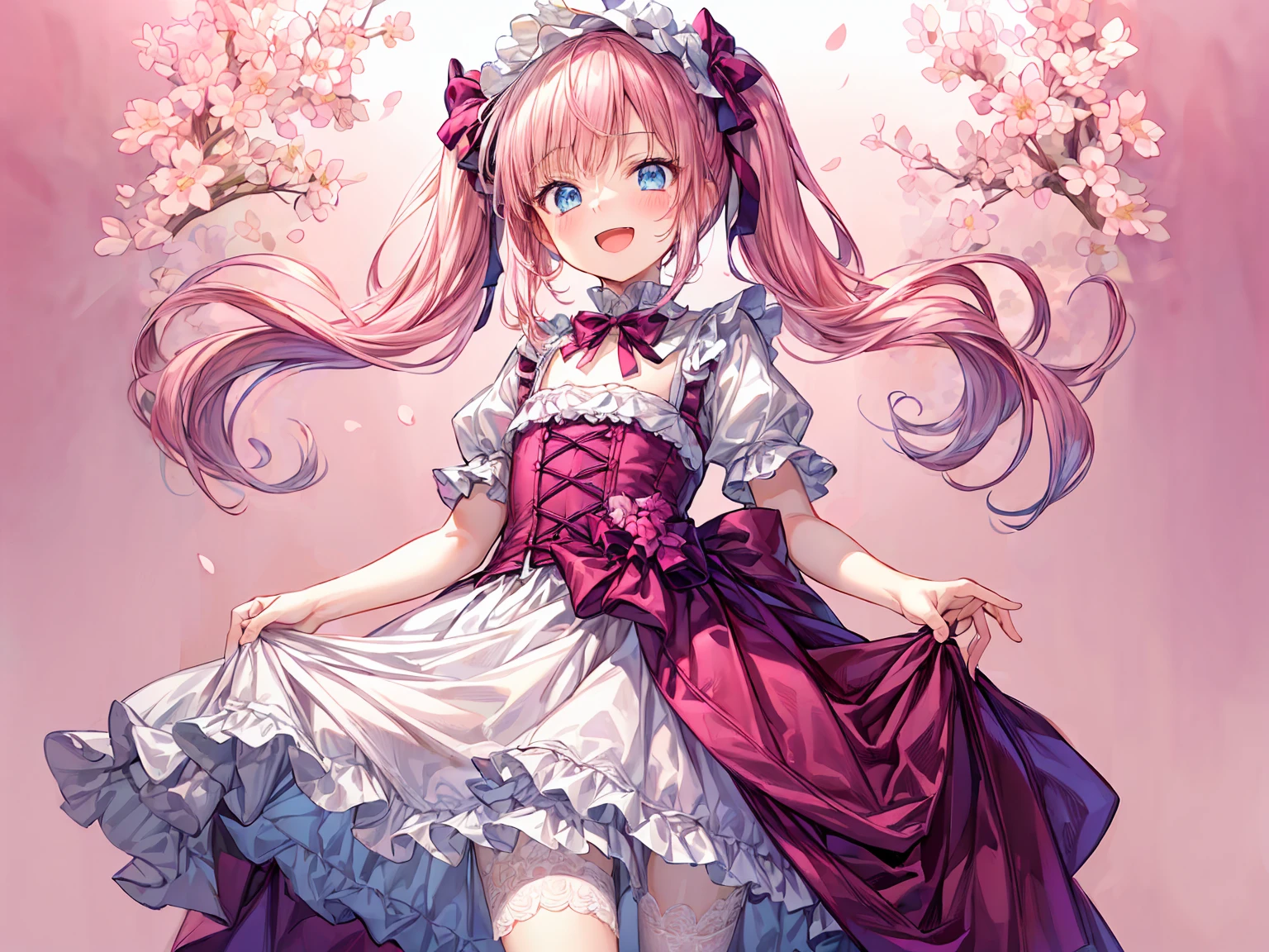 (masterpiece:1.2), best quality, highres, original, (extremely detailed:1.2), ultra-detailed, wallpaper, perfect lighting,(extremely detailed CG:1.2), 8k, 1boy, solo, crossdressing, tomgirl, kawaii, (open the mouth, laughing, happy, twintails, flat chest, pink hair, light-blue eyes:1.1), (Lolita Fashion, pink dress, short-sleeves, bowknot on waistline, lace hemline, knee-length dress, delicate dress:1.2), (anatomically correct:1.3), kneeling, close-up, looking at viewer, frontal, (dreamlike background, pink background, girly background, sakura patterns:1.2)
