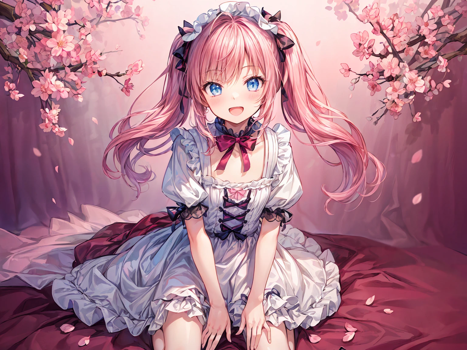 (masterpiece:1.2), best quality, highres, original, (extremely detailed:1.2), ultra-detailed, wallpaper, perfect lighting,(extremely detailed CG:1.2), 8k, 1boy, solo, crossdressing, tomgirl, kawaii, (open the mouth, laughing, happy, twintails, flat chest, pink hair, light-blue eyes:1.1), (Lolita Fashion, pink dress, short-sleeves, bowknot on waistline, lace hemline, knee-length dress, delicate dress:1.2), (anatomically correct:1.3), kneeling, close-up, looking at viewer, frontal, (dreamlike background, pink background, girly background, sakura patterns:1.2)