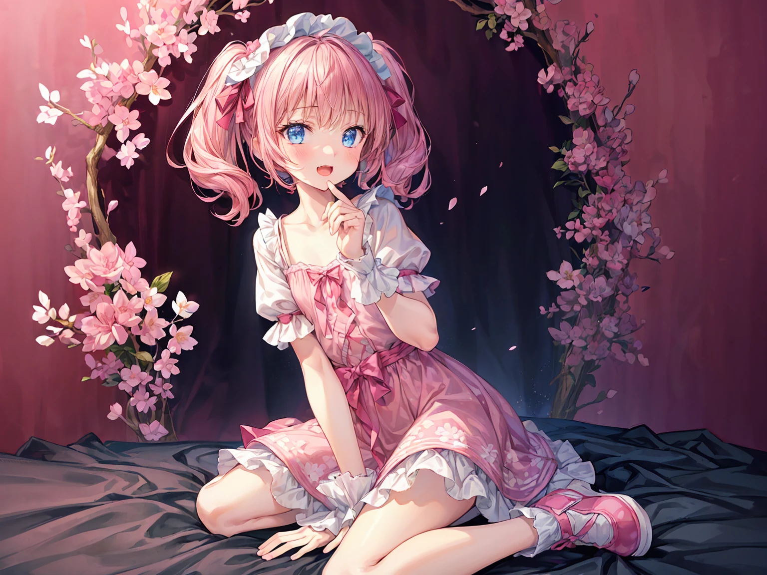 (masterpiece:1.2), best quality, highres, original, (extremely detailed:1.2), ultra-detailed, wallpaper, perfect lighting,(extremely detailed CG:1.2), 8k, 1boy, solo, crossdressing, tomgirl, kawaii, (open the mouth, laughing, happy, twintails, flat chest, pink hair, light-blue eyes:1.1), (Lolita Fashion, pink dress, short-sleeves, bowknot on waistline, lace hemline, knee-length dress, delicate dress:1.2), (anatomically correct:1.3), kneeling, close-up, looking at viewer, frontal, (dreamlike background, pink background, girly background, sakura patterns:1.2)