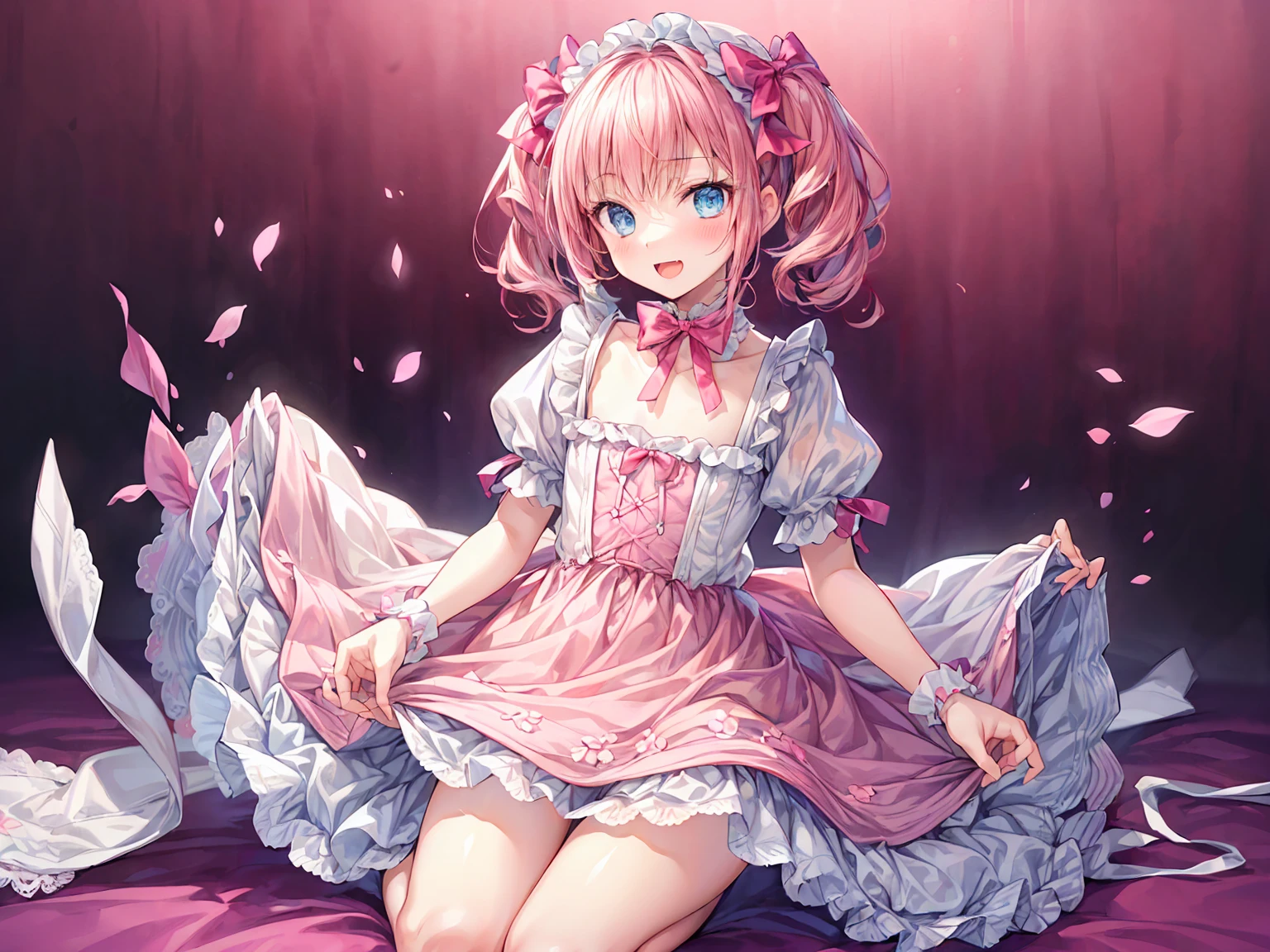 (masterpiece:1.2), best quality, highres, original, (extremely detailed:1.2), ultra-detailed, wallpaper, perfect lighting,(extremely detailed CG:1.2), 8k, 1boy, solo, crossdressing, tomgirl, kawaii, (open the mouth, laughing, happy, twintails, flat chest, pink hair, light-blue eyes:1.1), (ta Fashion, pink dress, short-sleeves, bowknot on waistline, lace hemline, knee-length dress, delicate dress:1.2), (anatomically correct:1.3), kneeling, close-up, looking at viewer, frontal, (dreamlike background, pink background, girly background, sakura patterns:1.2)