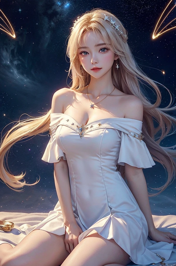 (masterpiece:1.5, Highest quality, Very detailed、 Dutch Angle、Semi-realistic、Fantasy)(One Girl, alone)(White and beautiful hair:1.4,,Straight Long Hair)(White based dress)、((Off the shoulder、Mid-chest、ruby ​​necklace))(from back side,The buttocks are slightly visible、Legs wrapped in tights)(Beautiful starry sky、Mystical Night、Particles of light float around the woman、Fantasy space)
