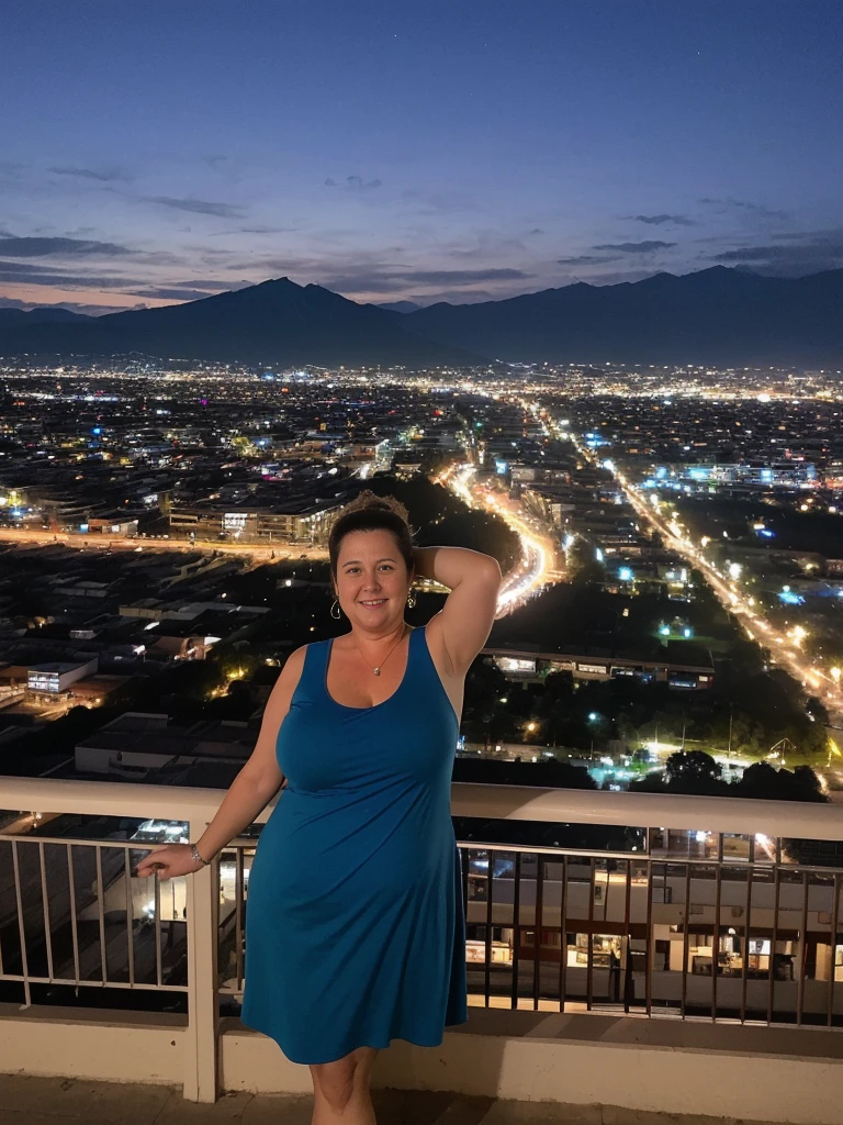 her name is Annette, high quality, ((mature)), ((white pale skin)), 1girl, ((40-year-old chubby Swiss woman)), ((40 years old)), ((chubby)), ((brunette)), pose: standing, wearing stylish blue (((wearing attire for nightlife))), ((BACKGROUND: overlooking nightlife in Naica, Mexico)), random pose, messy bun hair