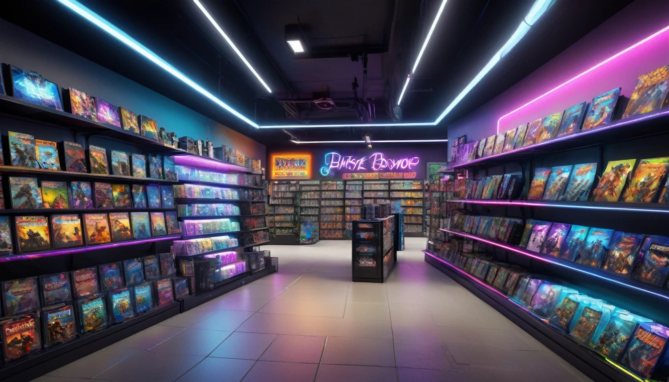 a video game store, detailed interior of a video game shop, aisle's of video games, shelves of video games, neon lights various game consoles, action figure aisle , gaming peripherals, bright and vibrant lighting, detailed textures, realistic 3D rendering, hyper realistic, photorealistic, dramatic lighting, moody atmosphere, dynamic composition, warm color tones, volumetric lighting, detailed reflections, intricate details, high resolution, best quality, 8k, masterpiece