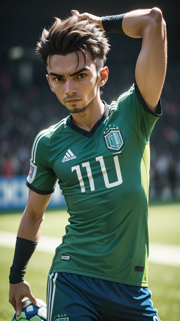 Green alien playing soccer. Wear jersey Argentina.