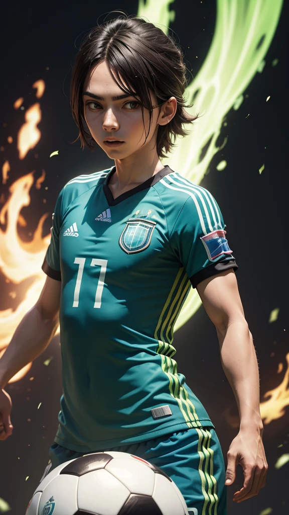 Green alien playing soccer. Wear jersey Argentina.