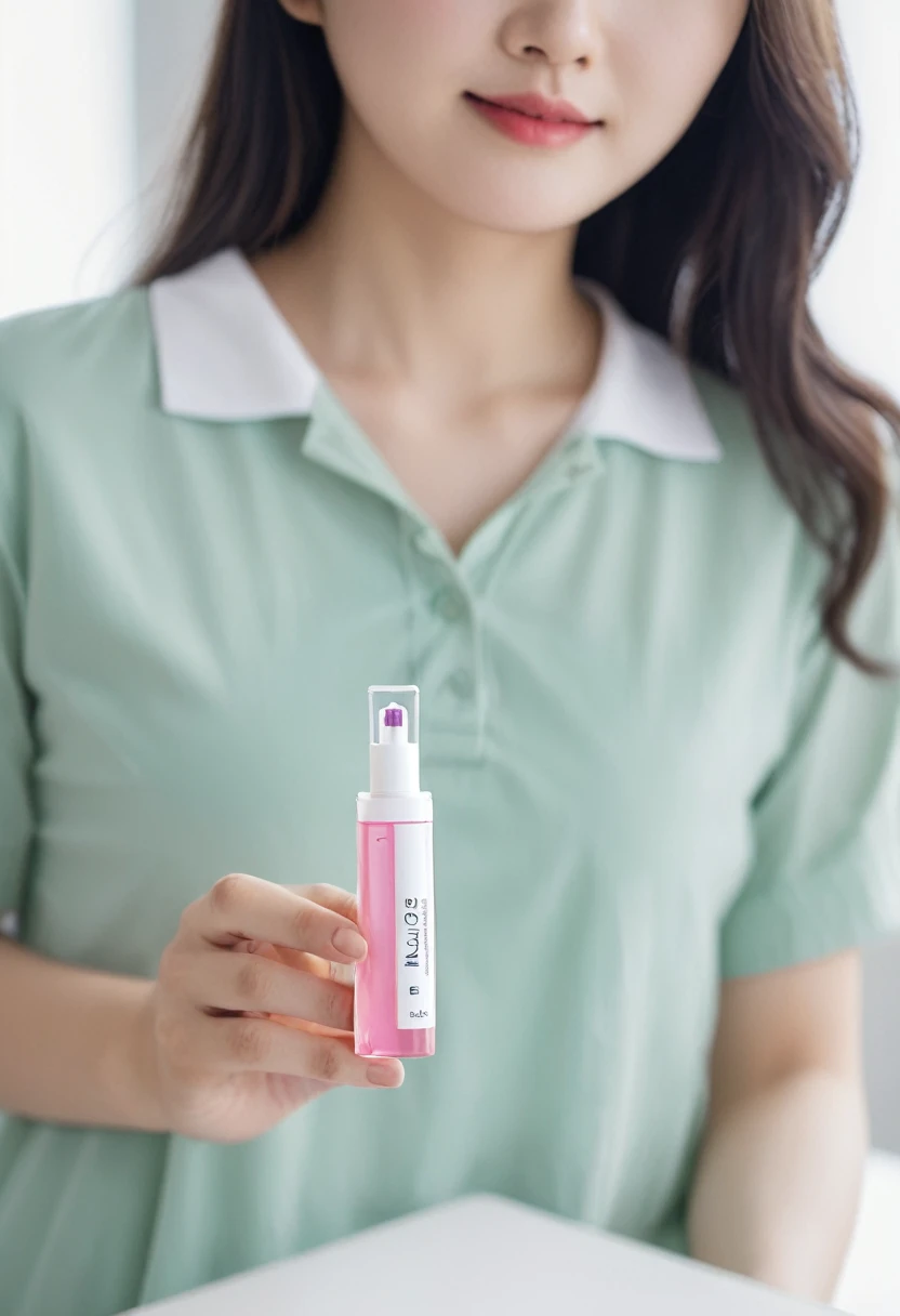 Faceless Korean girl holds positive perfume pack on camera. pregnancy test, with two clear lines indicating a positive result., It is the focal point of the picture.. The young woman wore a medium-length shirt., Showing off a bit of the collarbone and upper chest.. Her hand is framing a pregnancy test., Focus entirely on the results.. The background is simple and unobtrusive., เพื่อให้แน่ใจว่าจะมุ่งเน้นไปที่pregnancy testและส่วนที่มองเห็นได้ของเด็กผู้หญิง.