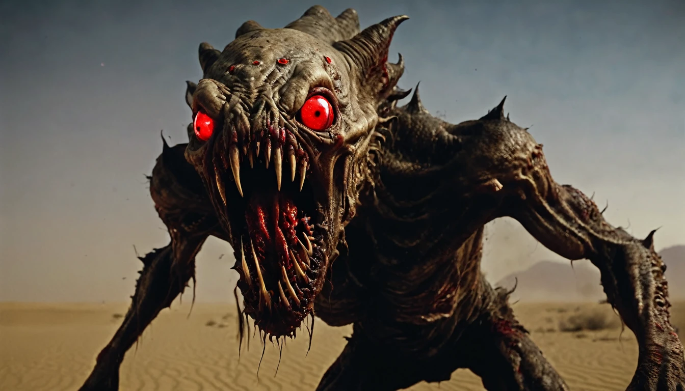 (masterpiece, best quality:1.2), in (medium full shot:3.1) of lot of monster, ghoul, zombie, open mouth, sharp teeth, holes in skin, corrupted monser, from a movie for (the undead horde surges across the desert, leaving a trail of chaos and destruction in their wake. a space creature appears with red eyes glowing with an eerie light and its mouth twisted into a grotesque snarl:2.5), inspired by zislaw Beksinski and Peter Gric, (with Creepy, Sci-Fi, Fantasy and Horror:2.5) retro sci fi, Horror movie, very detailed body, moody