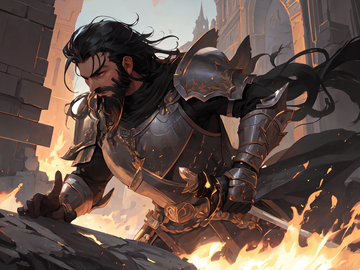 male, Warrior, Dirty black hair and beard, Dark fantasy, Detailed black armor, Large sword