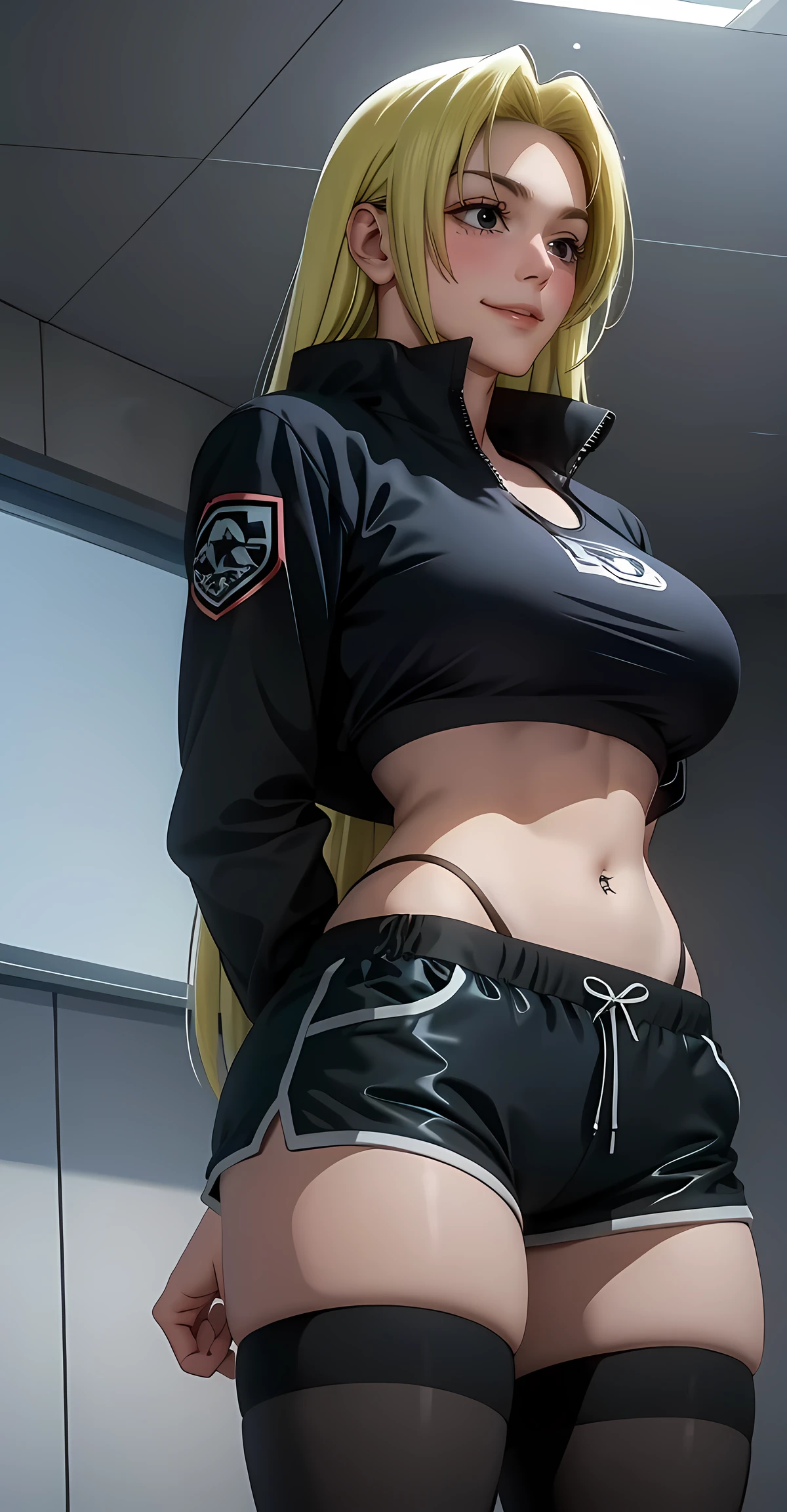 Yuki tsukumo from jujutsu kaisen, long hair, blonde hair, long belly, big , tight body , large breast, thicc thighs, 1girl, photo_background, gym, shorts, long_hair, thighhighs, short_shorts, crossed_arms, navel, black_shorts, solo, looking_at_viewer, midriff, black_thighhighs, navel_piercing, dolphin_shorts, lips, realistic, tattoo, jacket, breasts, standing, cowboy shot 