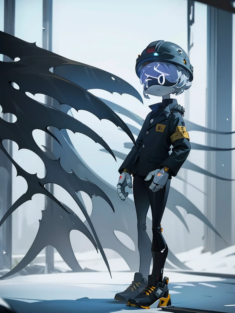 Male, Murder Drone, wearing modified tactical formal jacket and helmet, no hair, white X eyes, standing at attention, hands in pockets, fully in frame, full body shot, facing viewer, lone figure, sole figure, alone, Murder Drones style