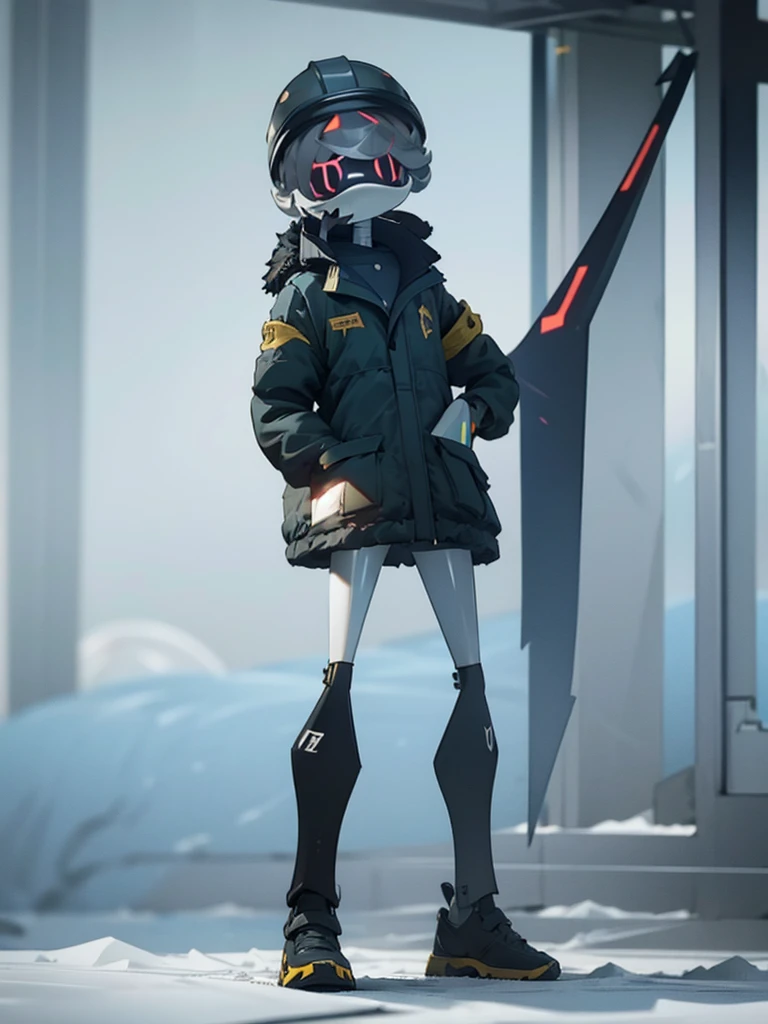 Male, Murder Drone, wearing modified tactical formal jacket and helmet, no hair, white X eyes, standing at attention, hands in pockets, fully in frame, full body shot, facing viewer, lone figure, sole figure, alone, Murder Drones style