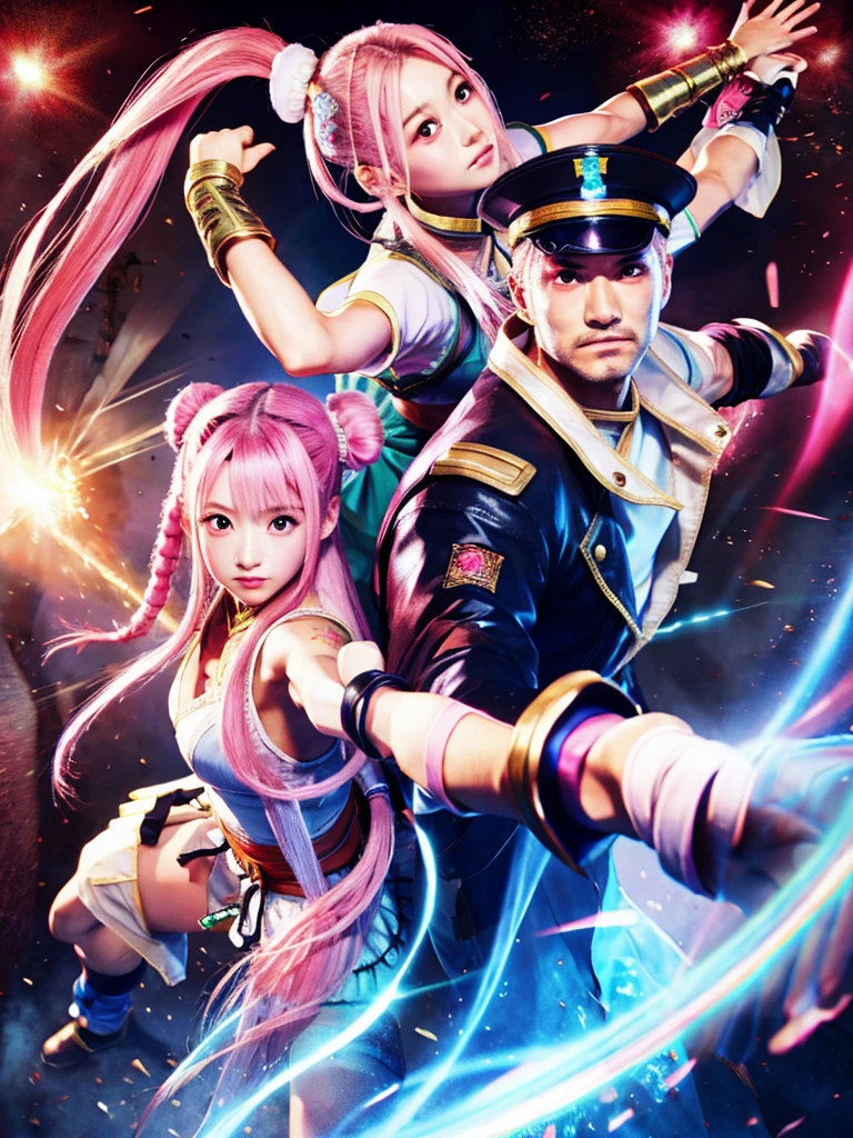 masterpiece))、(((Highest quality)))、((Super detailed))、((An illustration))、Attention to detail、Highly detailed CG Unity 8k、High resolution、美しいAttention to detail目、Attention to detail、美しいAttention to detail目,1 Girl, (alone:1.5),  (Hair Ribbon:0.4), Pink Eyes,(((White bun hair))),(((Long pink hair))),a couple of anime characters are posing for a picture, Chunli, Chunli, Chunli, Fighting games, king of fighters style, Fighting games character, mai shiranui, portrait of Chunli, HD artwork, King of Fighters character, portrait of Chunli, High-quality artwork, Soul Calibur, High-resolution wallpapers, Street Fighter