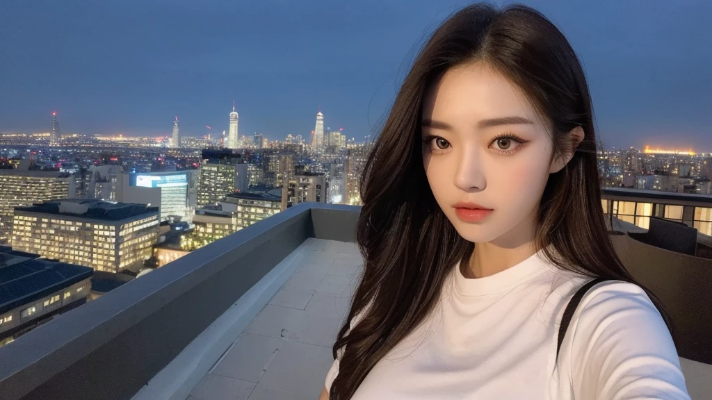 ((Midnight, Best quality, 8k, Masterpiece :1.3)), Whole body, Long legs, Sharp focus :1.2, A pretty woman with perfect figure :1.4, Slender abs :1.1, ((Dark brown hair, Big breasts :1.2)), (White tight tshirt, Jean bib, Standing:1.2), ((Night city view, Rooftop:1.3)), Highly detailed face and skin texture, Detailed eyes, Double eyelid
