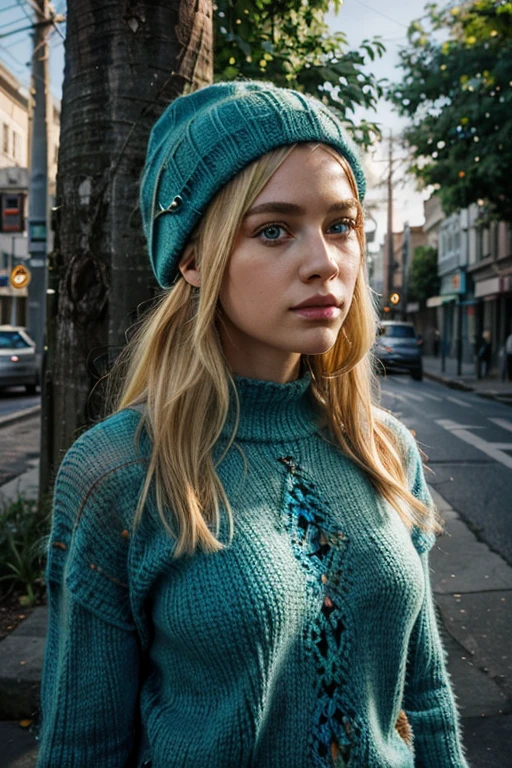 Masterpiece, The angular face, small nose, Of the highest quality, big blue eyes, proportionate lips , Colorful cinematic lighting, torn clothes, knitted dress green, with overflow [Orange|yellow] Hair, (wearing crochet berets), (Perfect face:1.1), standing under telephone poles in the middle of the route, Morning in the background, dappled light, romantic, HDR, Very detailed, 8k, Hyper realistic, shot at eye level, Cinestill 800
