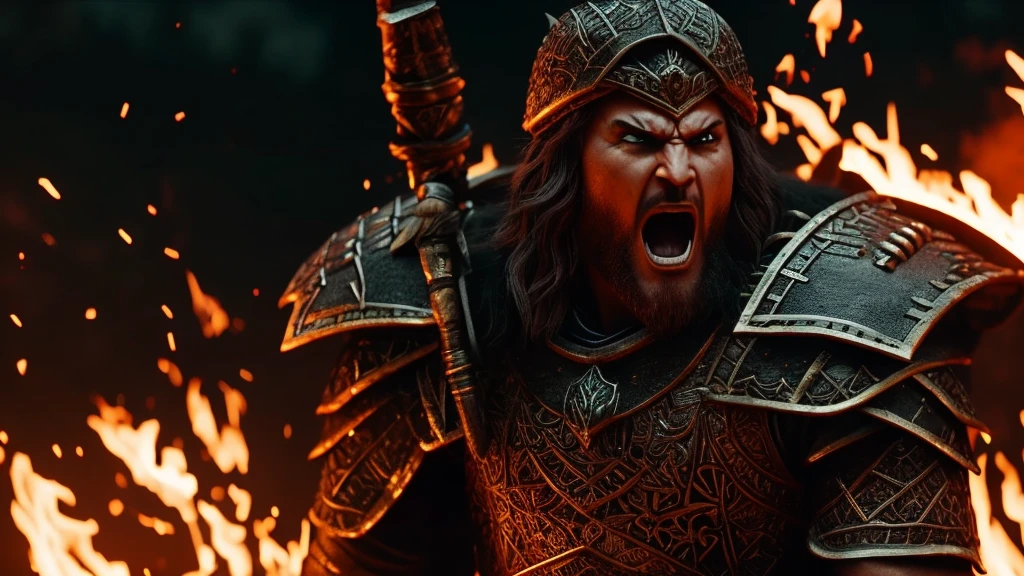 close up of a warrior screaming rpg style 4k cinemact flame trailer film